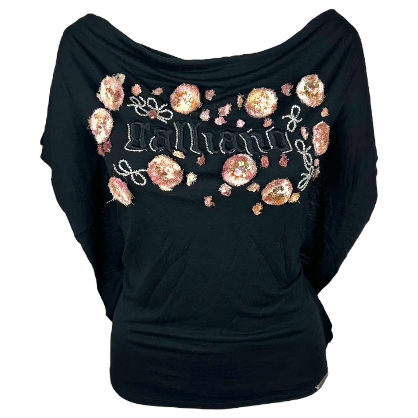 Galliano Black Off the Shoulder Embellished Logo Top