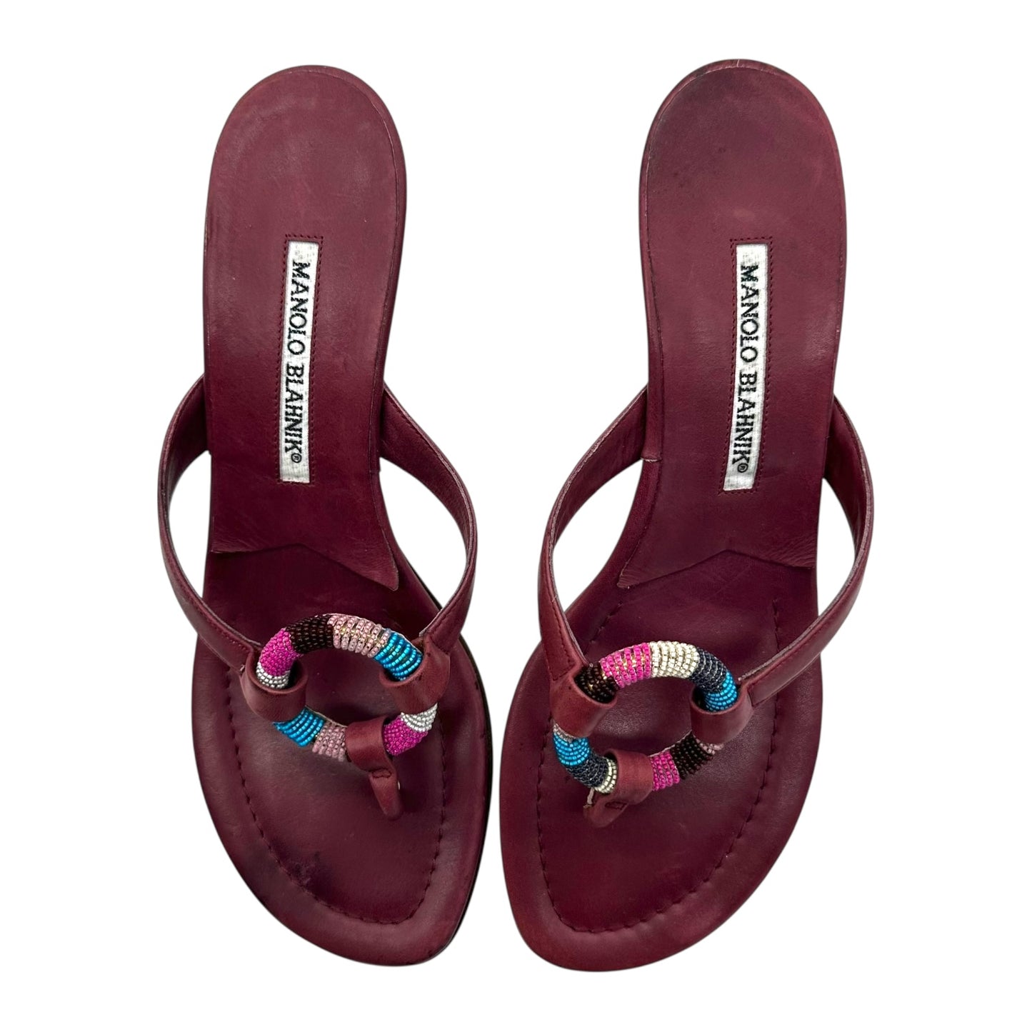 Manolo Blahnik Burgundy Beaded Flip Flop Kitten Heels