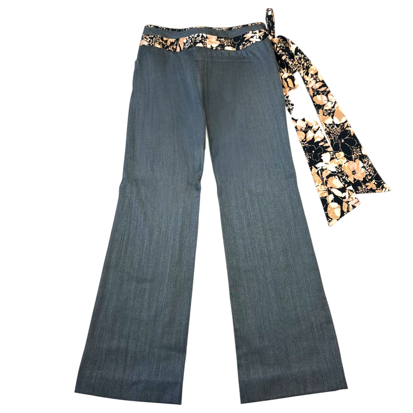 Dolce & Gabbana Gray & Floral Silk Waist Tie Flare Pants