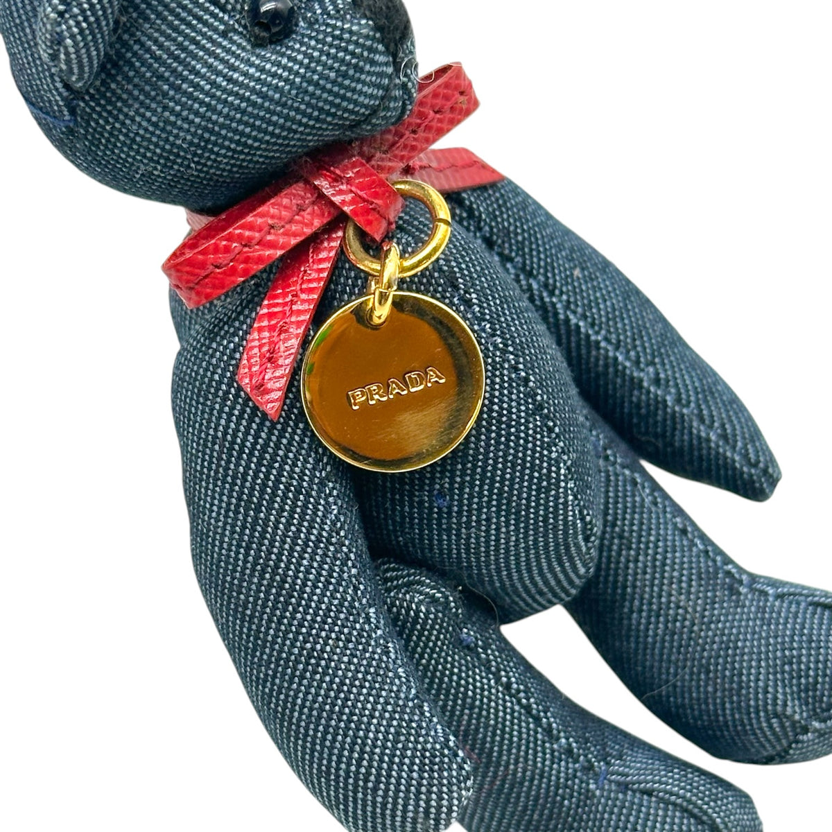 Prada Teddy Bear Bag Charm Keychain Denim Red Leather