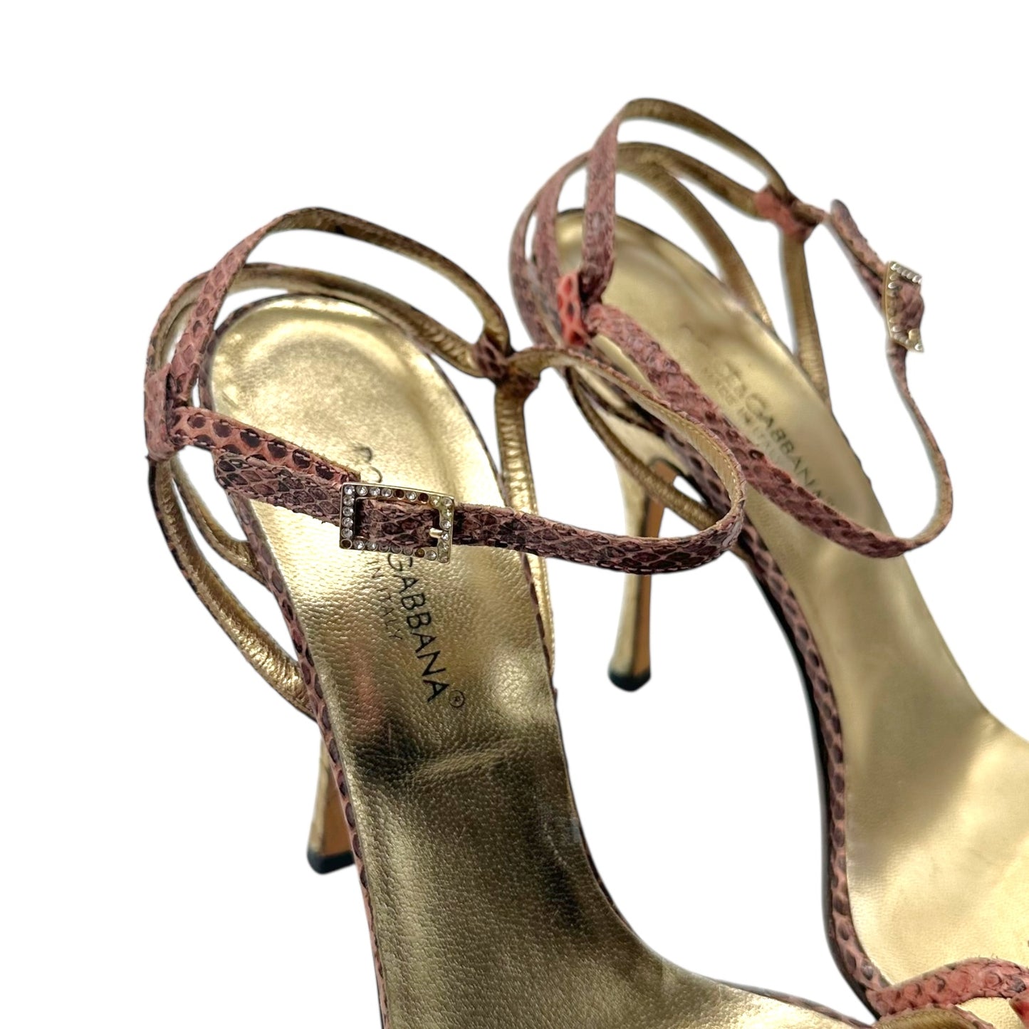 Dolce & Gabbana Pink and Gold Snakeskin Sandal Heels