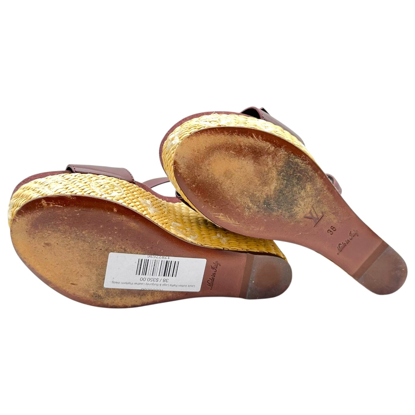 Louis Vuitton Raffia Logo & Burgundy Leather Platform Wedge Sandals - Outfit Repeater