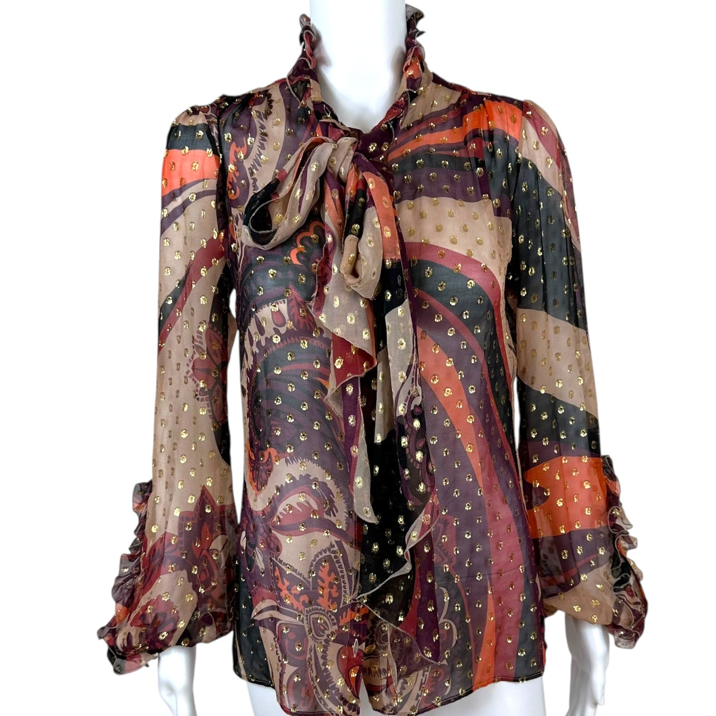 Emilio Pucci Metallic Pink Printed Silk Tie Blouse