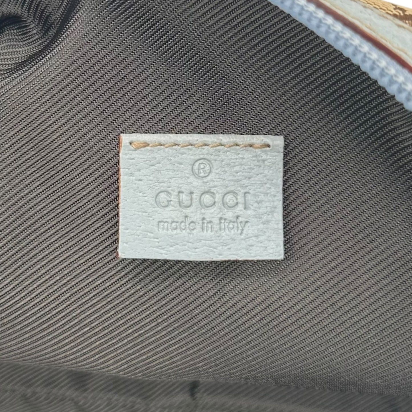 Gucci Tan Monogram Blue Leather Trim Mini Pochette Bag