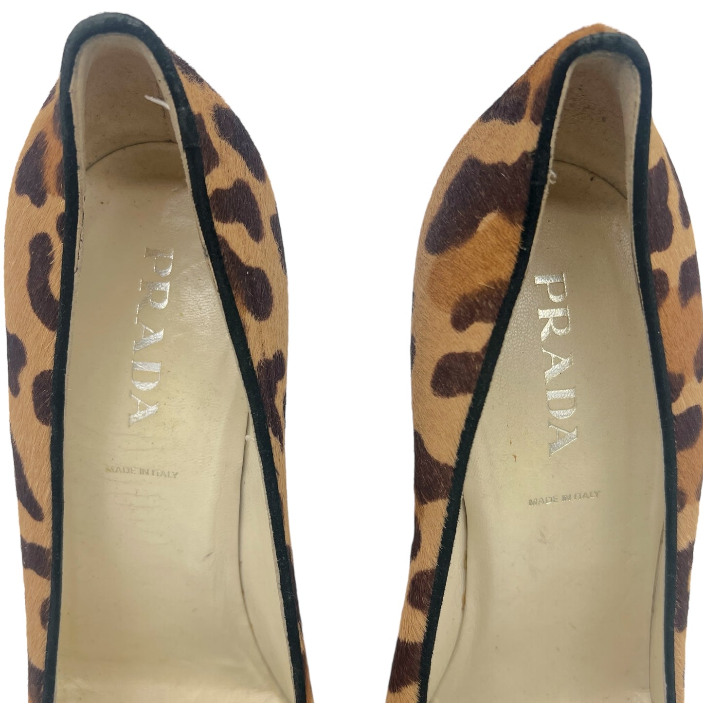 Prada Leopard Print Ponyhair Heeled Loafers