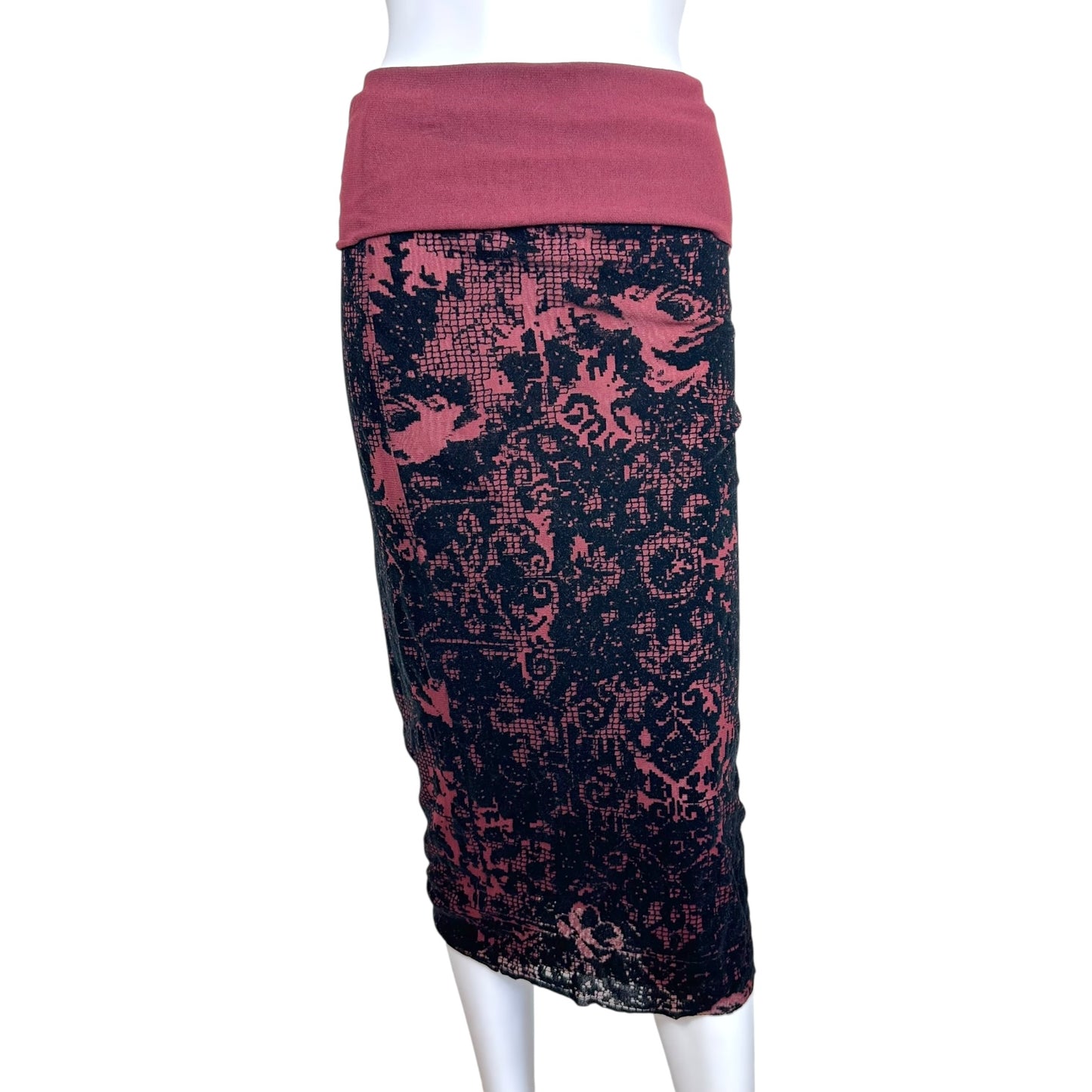 Jean Paul Gaultier Burgundy & Red Velvet & Mesh Midi Skirt