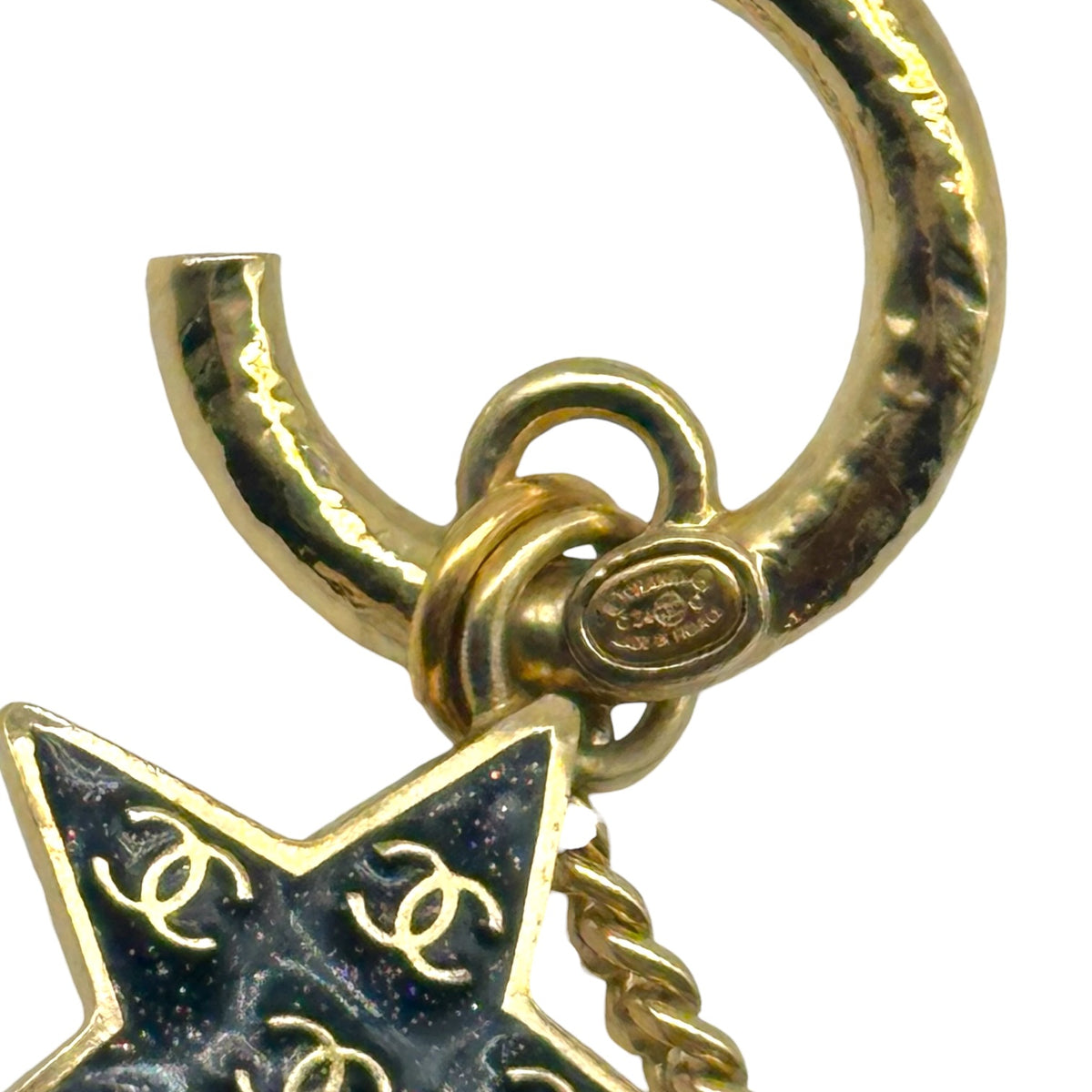 Chanel Cruise 2024 Gold CC Logo Charm & Glitter Star Dangly Hoop Earrings