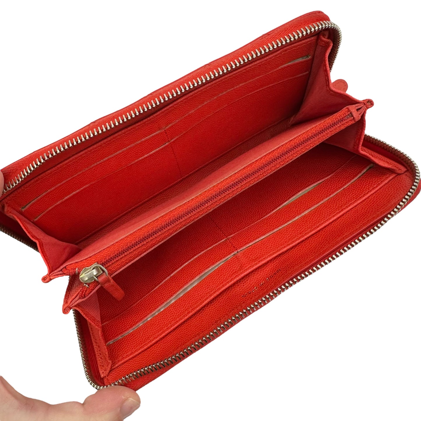 Chanel Coral Red Quilted Caviar Zip Long Wallet