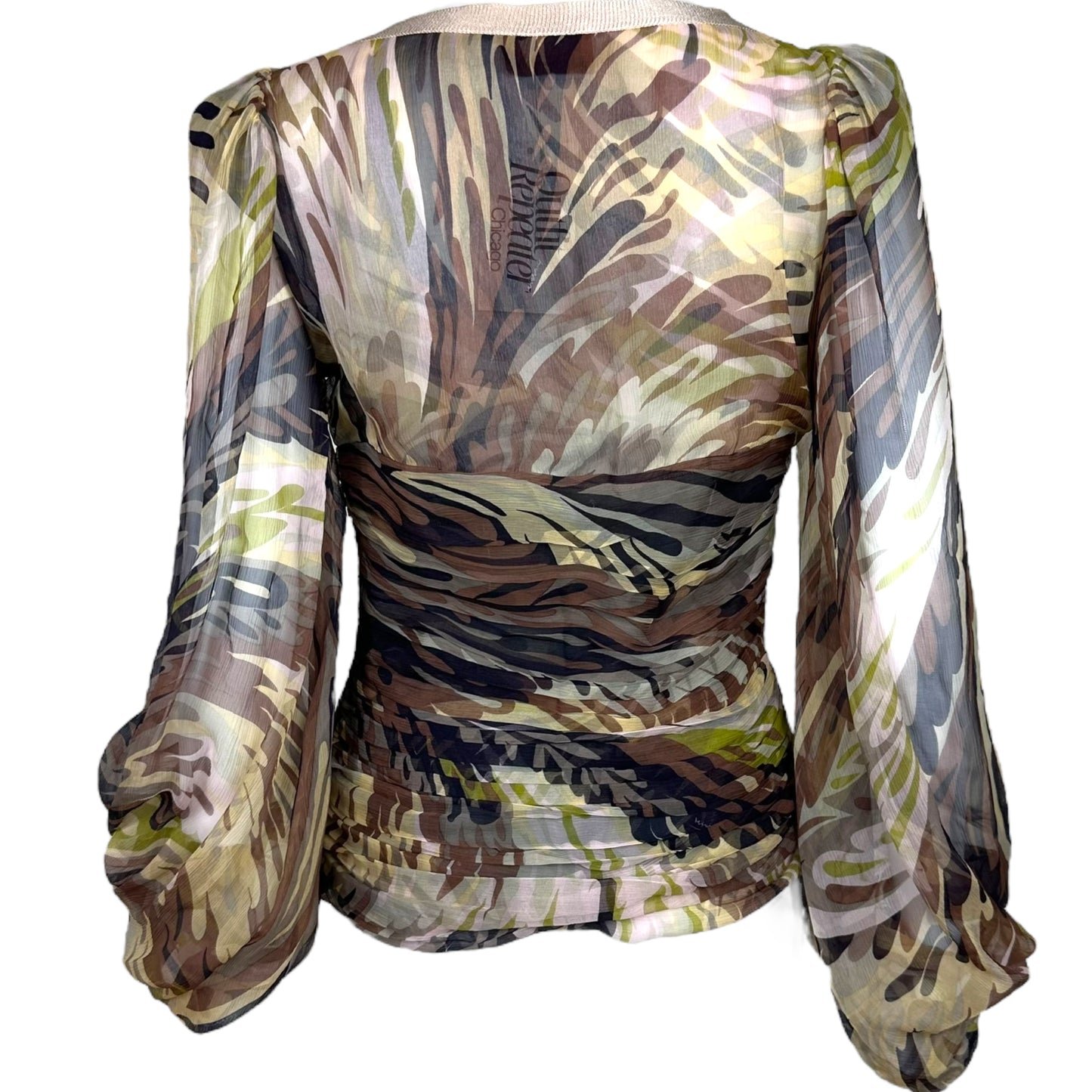 Missoni Silk Camo Print Ruched Puff Sleeve Blouse