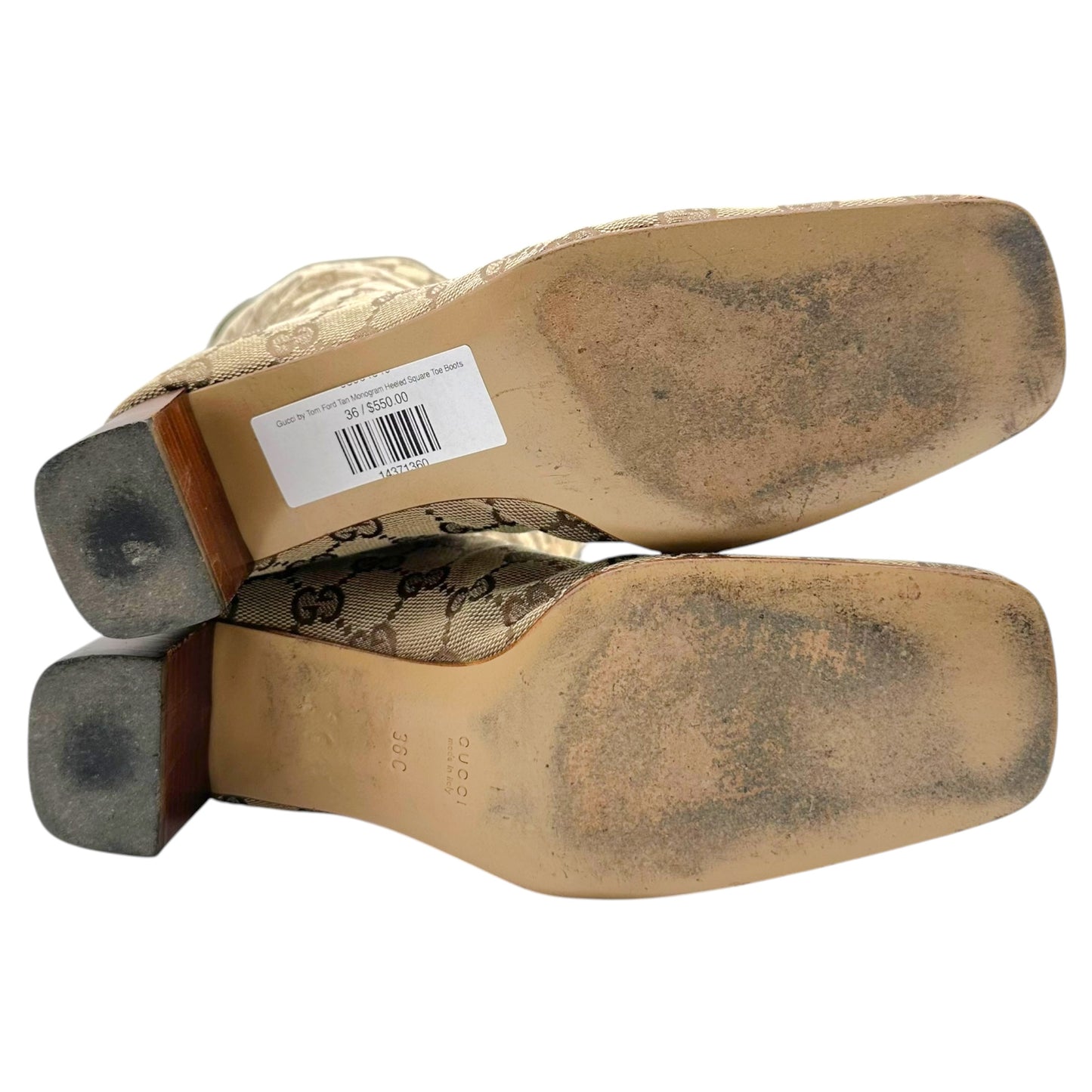 Gucci by Tom Ford Tan Monogram Heeled Square Toe Boots - Outfit Repeater