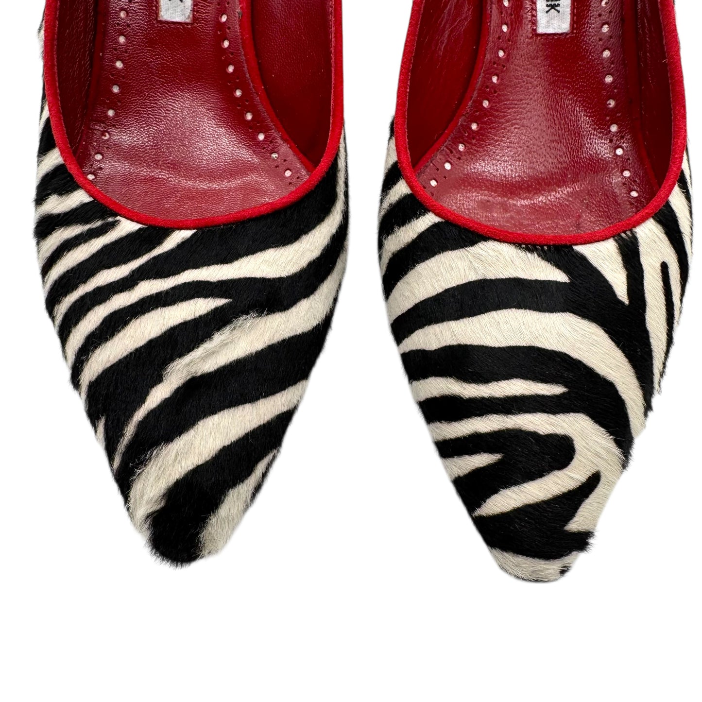 Manolo Blahnik Zebra & Red Leather Ponyhair Slingback Kitten Heels