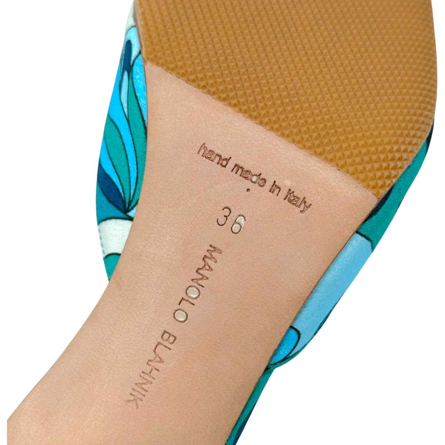 Manolo Blahnik Turquoise Swirl Print Kitten Heel Mules
