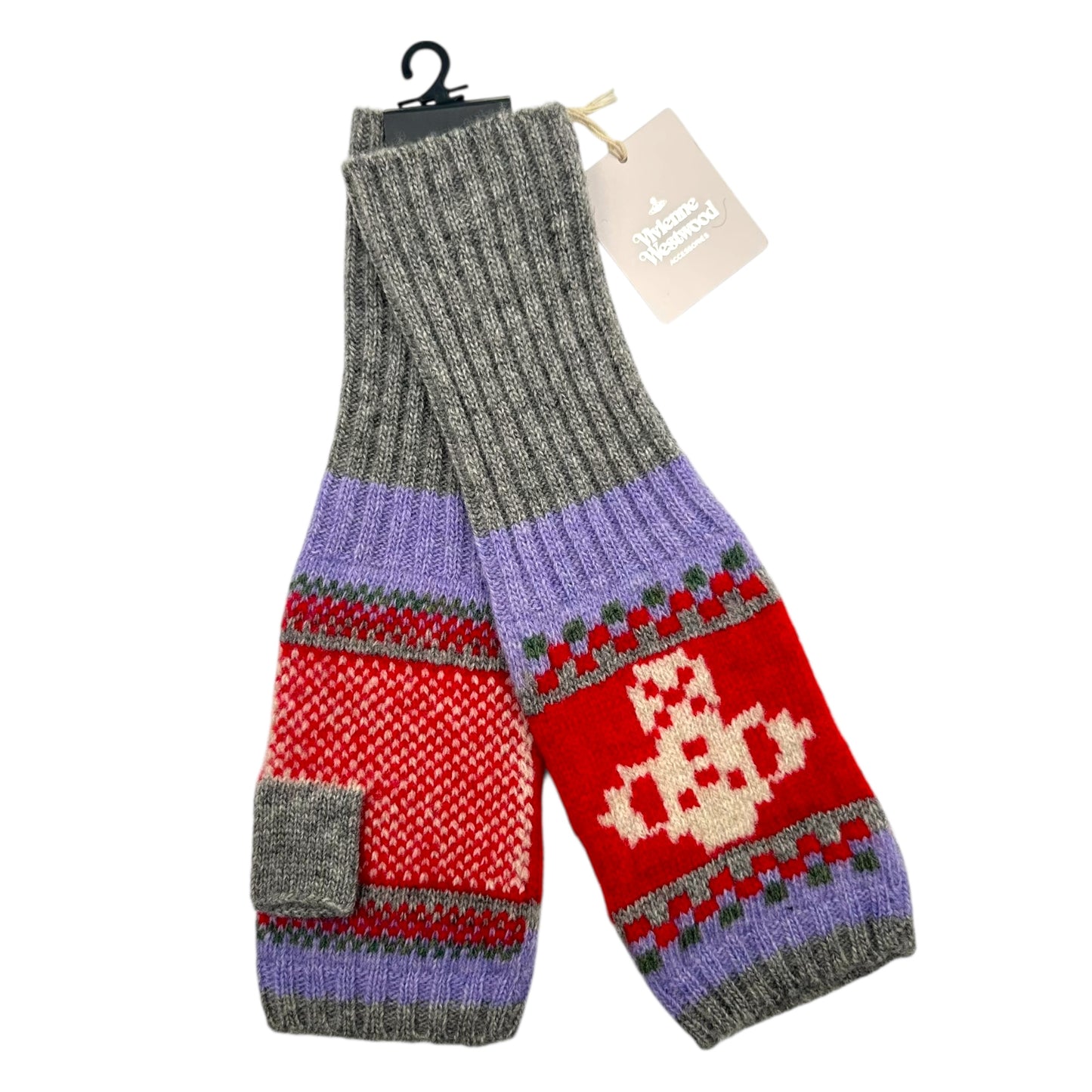 Vivienne Westwood Purple Gray & Red Orb Logo Fingerless Wool Gloves NEW