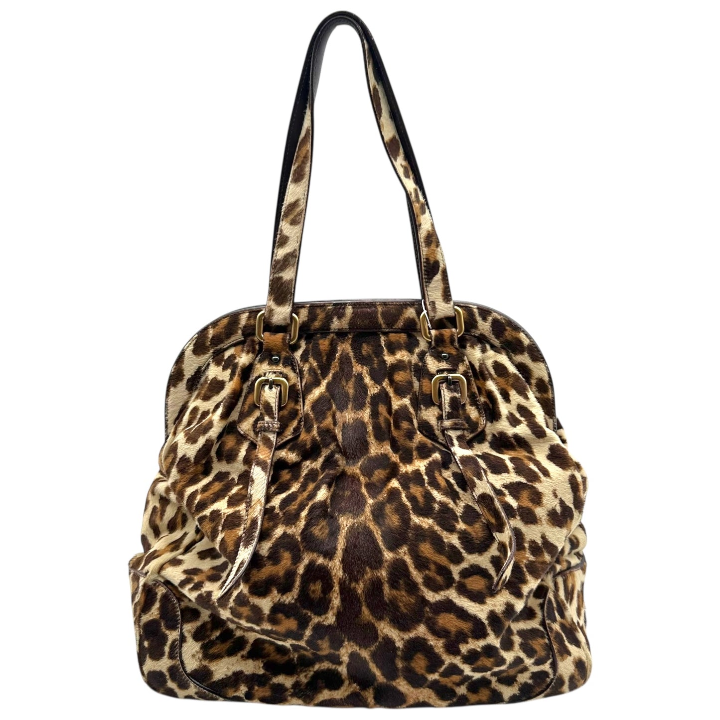 Prada Leopard Print Ponyhair Oversized Bowler Bag