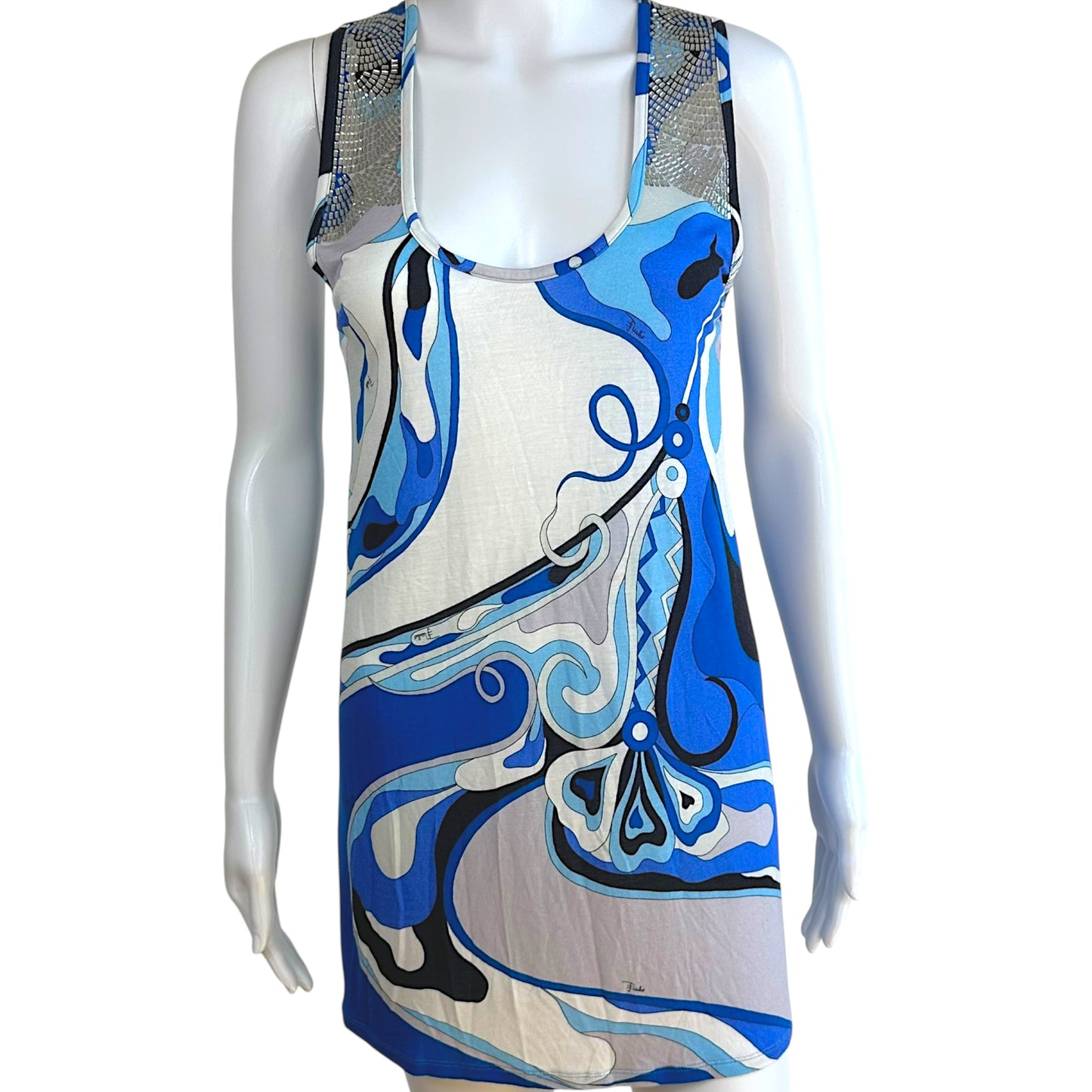 Emilio Pucci Blue Printed Rhinestone Strap Tank Top
