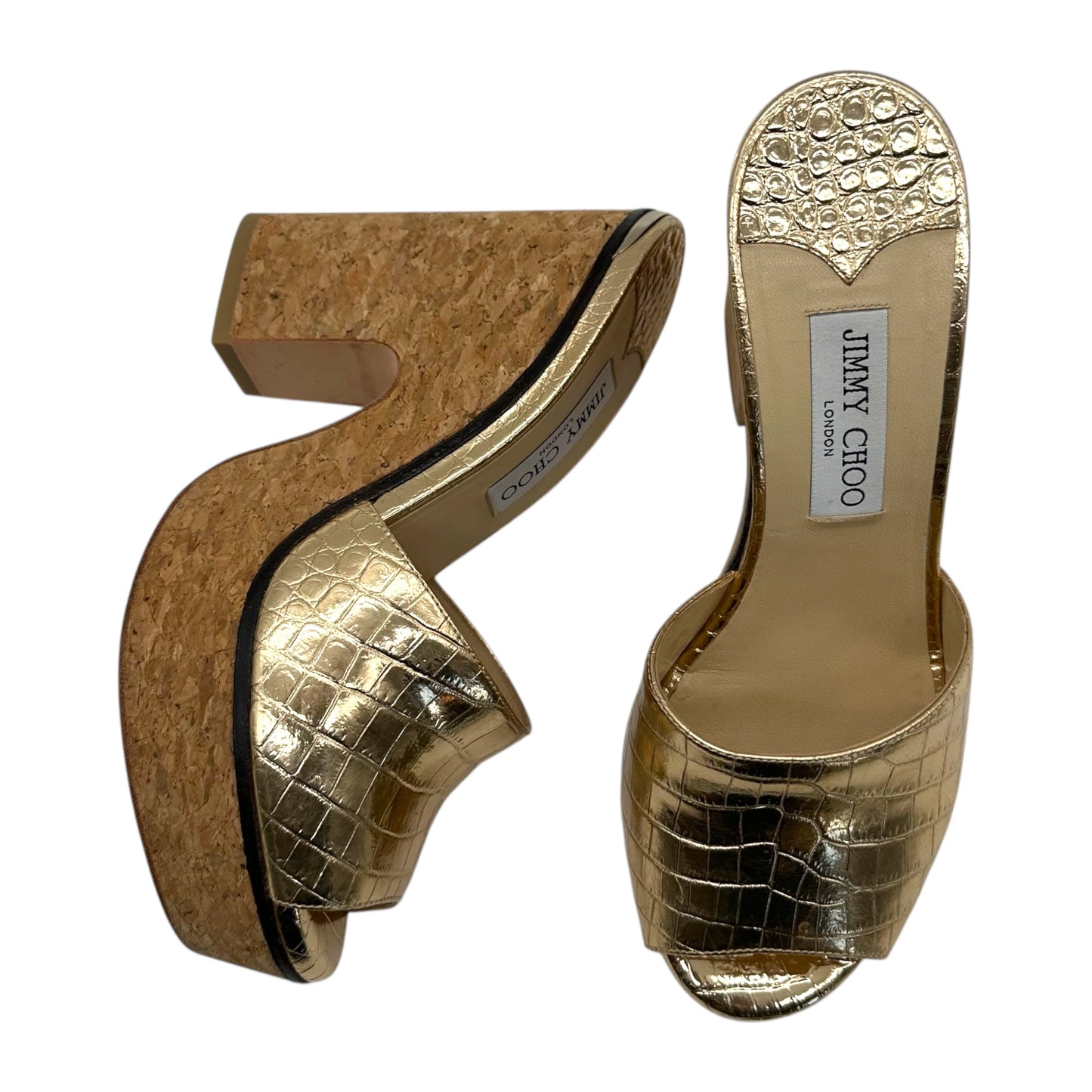 Jimmy Choo Gold Croc & Corc Wedge Platform Sandals