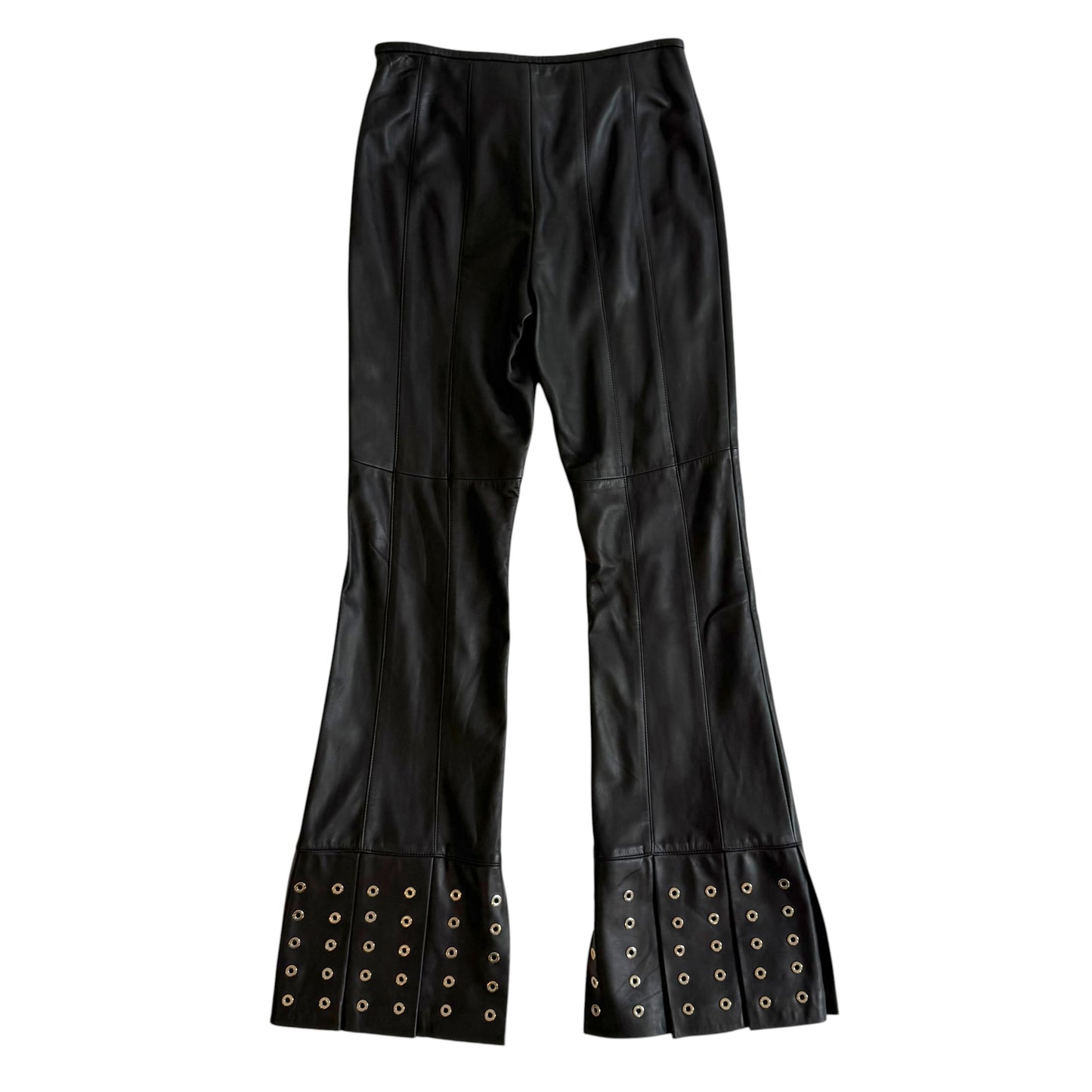 Escada Black Lambskin Leather Studded Fringe Trim Pants