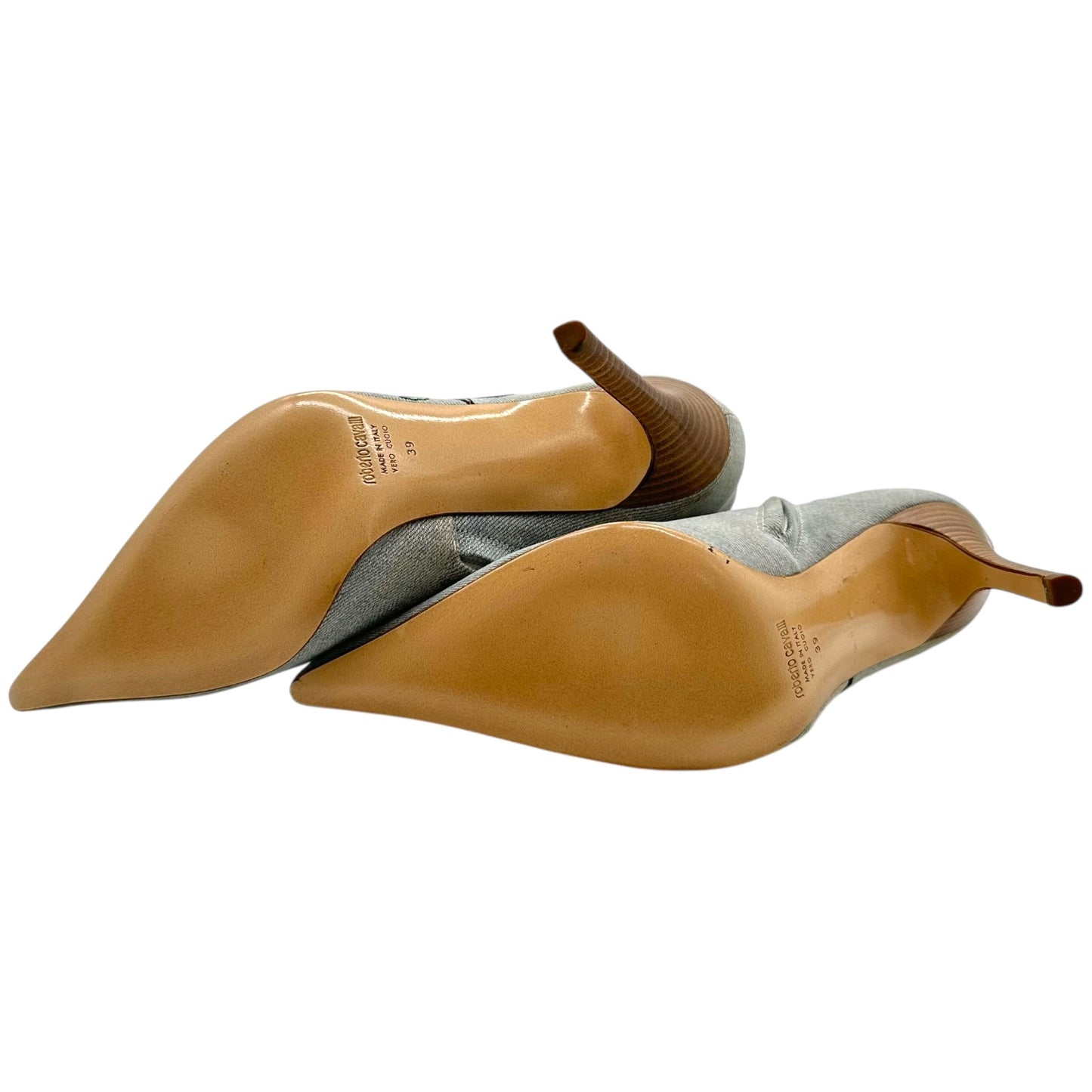 Roberto Cavalli Denim Floral Embroidered Heeled Booties - Outfit Repeater