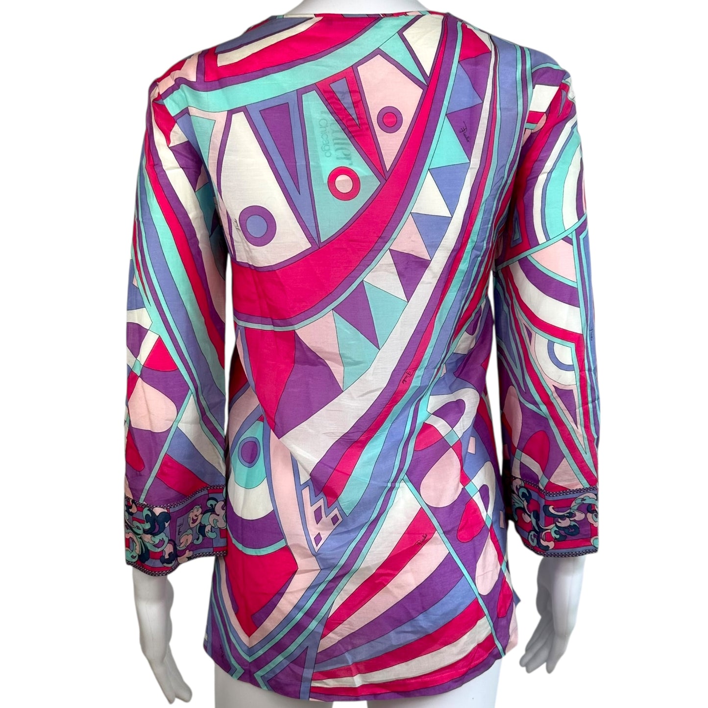 Emilio Pucci Pink & Purple Printed Lace Up Sheer Blouse Top
