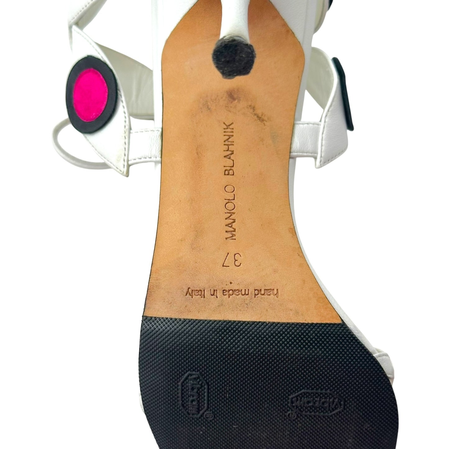 Manolo Blahnik White & Pink Leather Polka Dot Applique Strappy Heeled Sandals