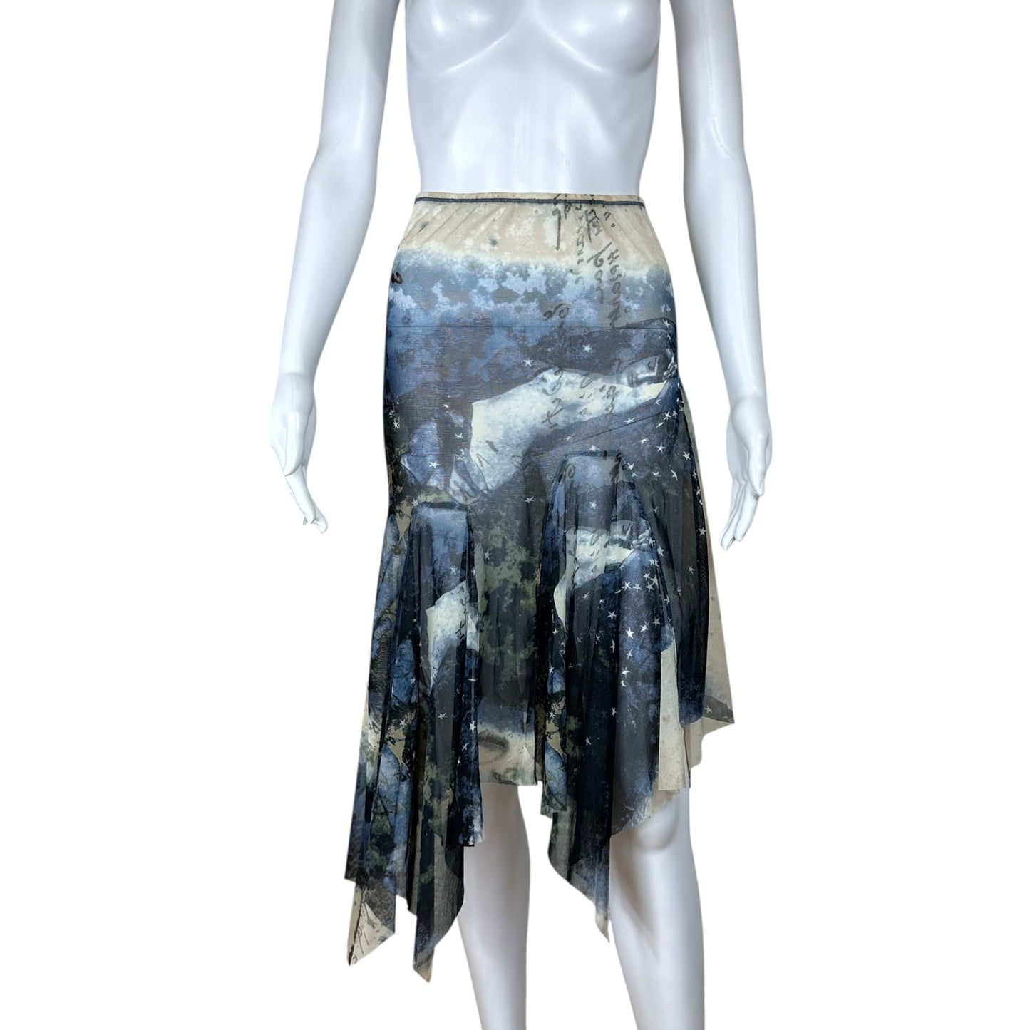 Jean Paul Gaultier Outdoor Print Asymmetrical Mesh Midi Skirt
