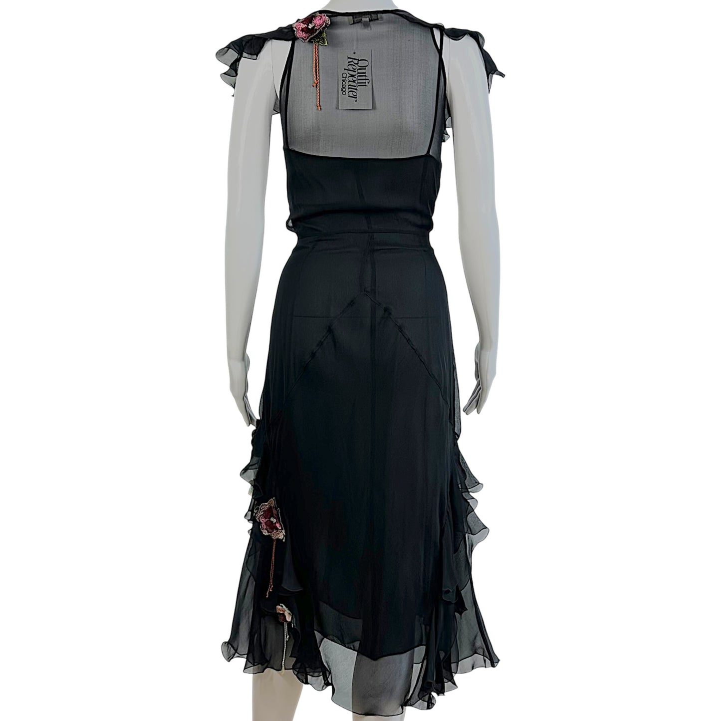 Blumarine Black Silk Floral Embellished Midi Dress
