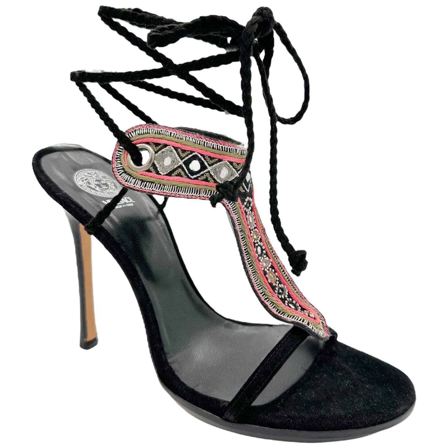 Versace Black Suede Embroidered Wrap Heels