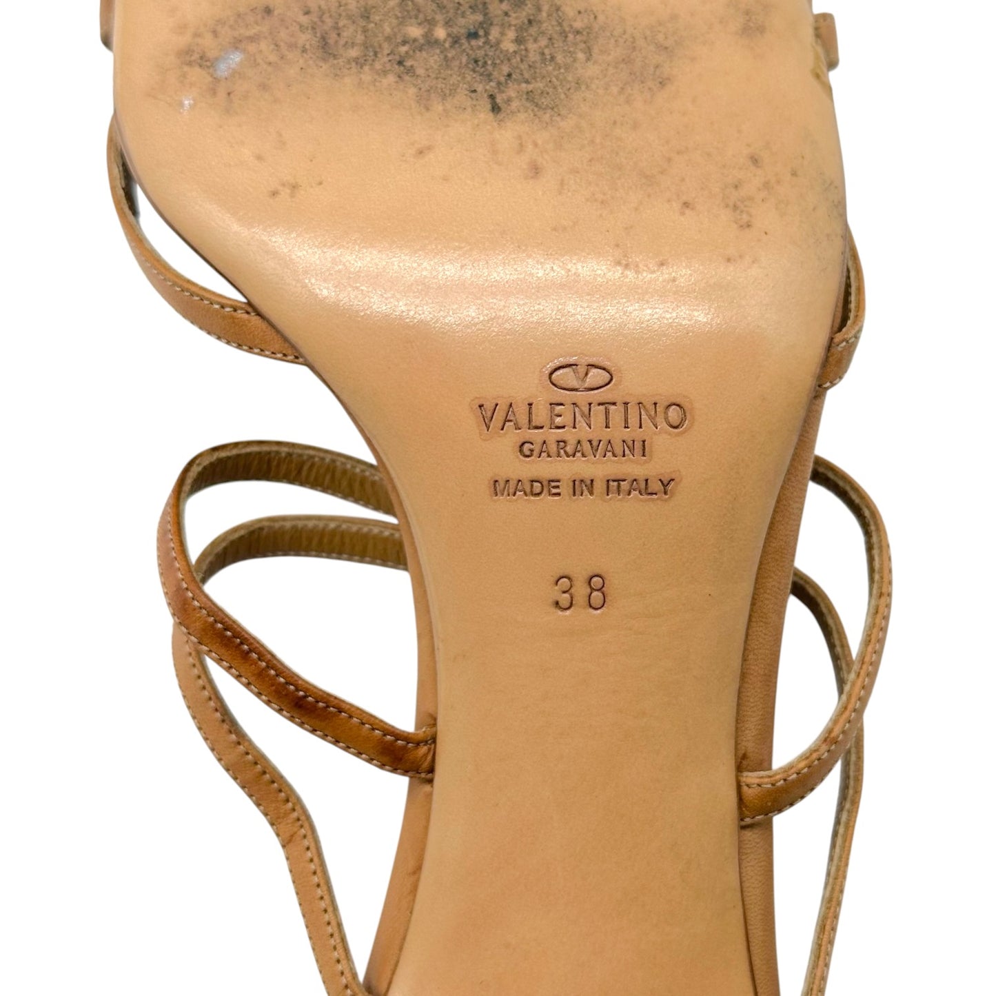 Valentino Garavani Tan Leather & Stone Embellished Strappy Mule Heels