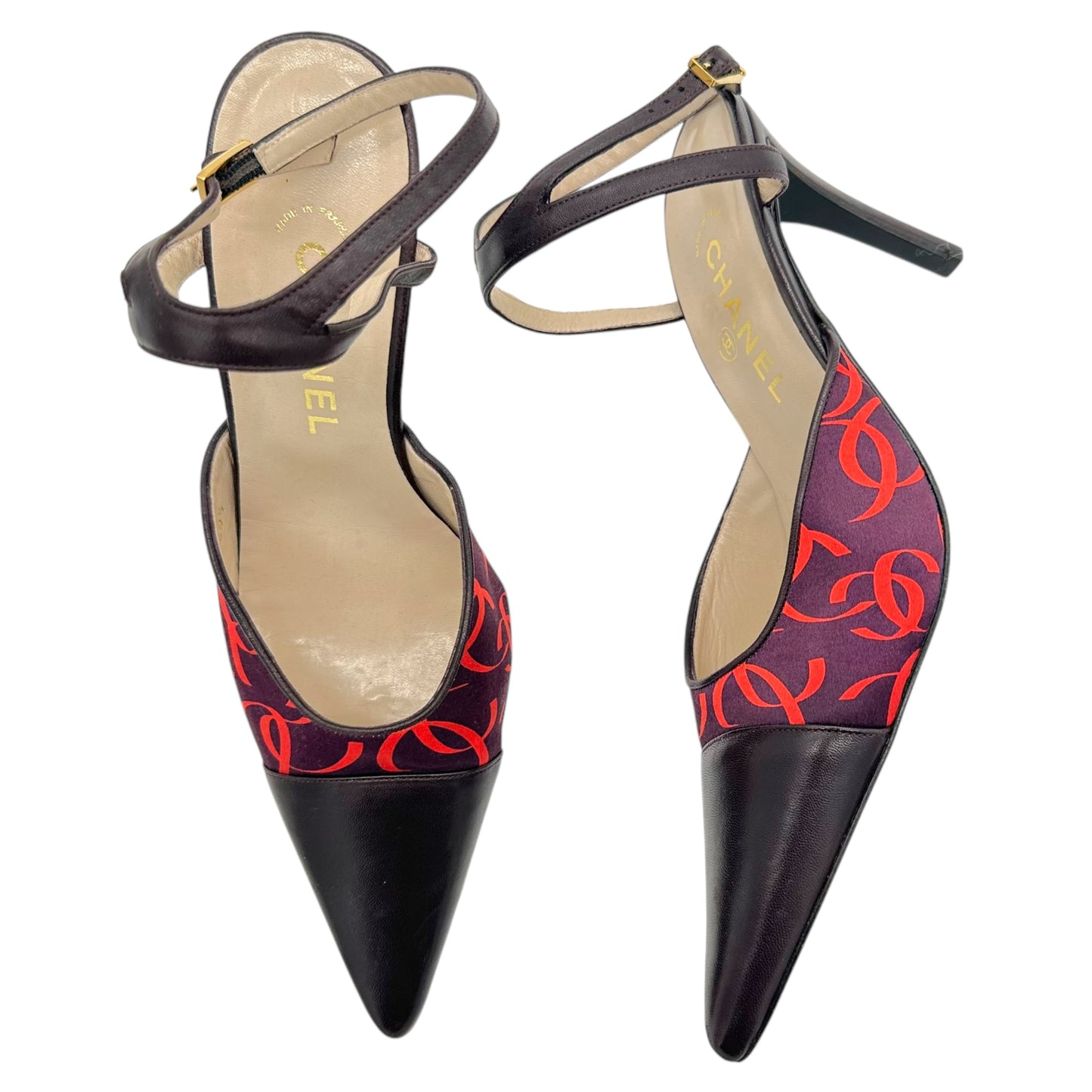 Chanel Purple & Pink Logo Pointed Toe Slingback Heels