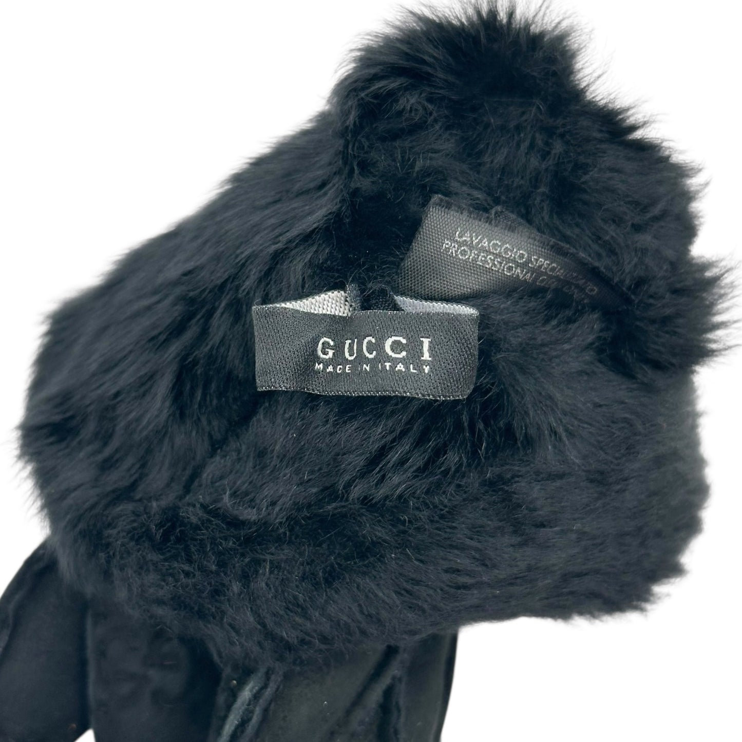 Gucci Black Logo Embossed Shearling Gloves