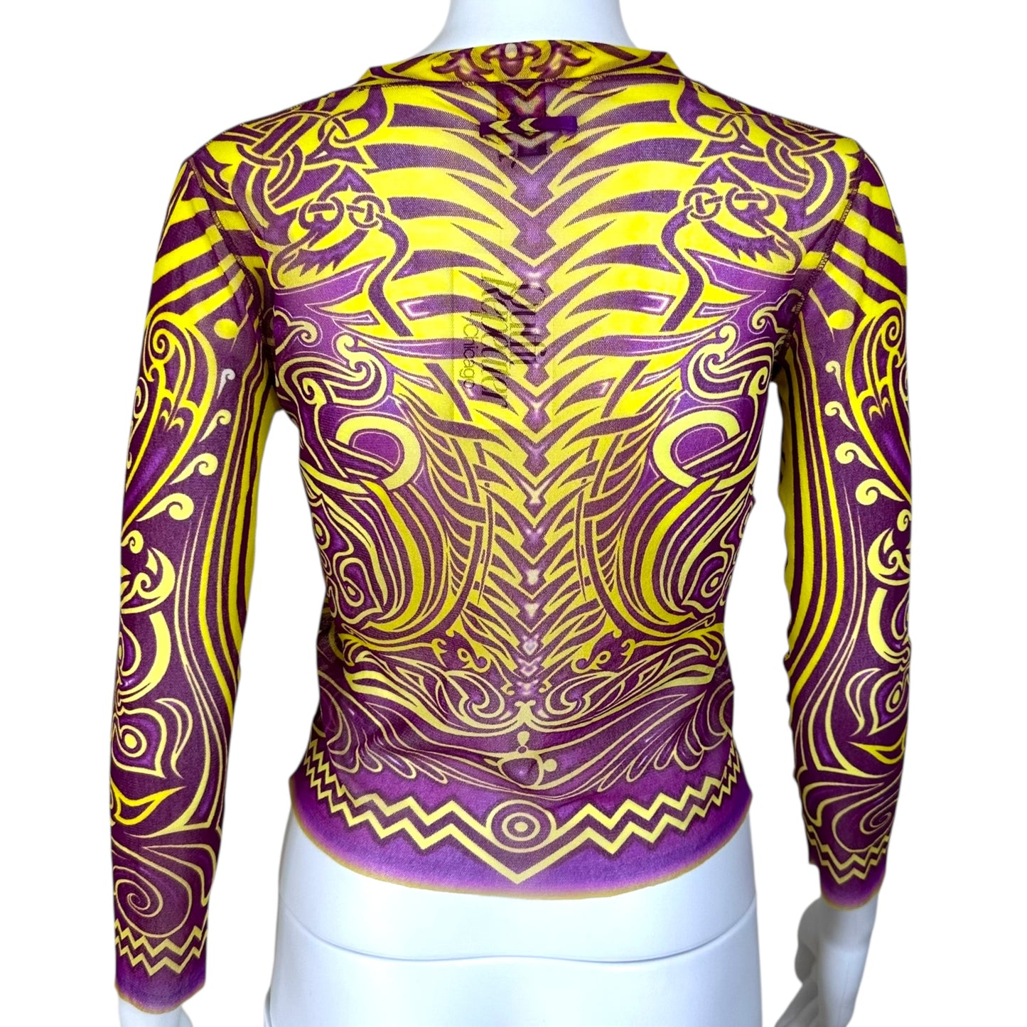 Jean Paul Gaultier Soleil 1996 Purple & Yellow Tribal Print Mesh Crop Cardigan