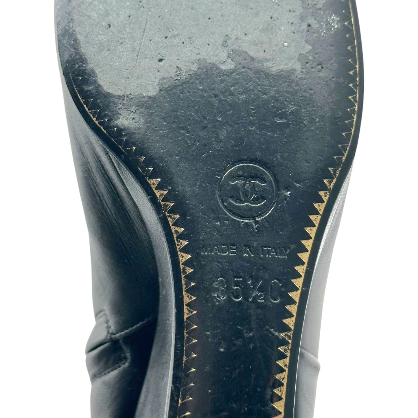 Chanel Black Leather Suede Knee High Wedge Boots