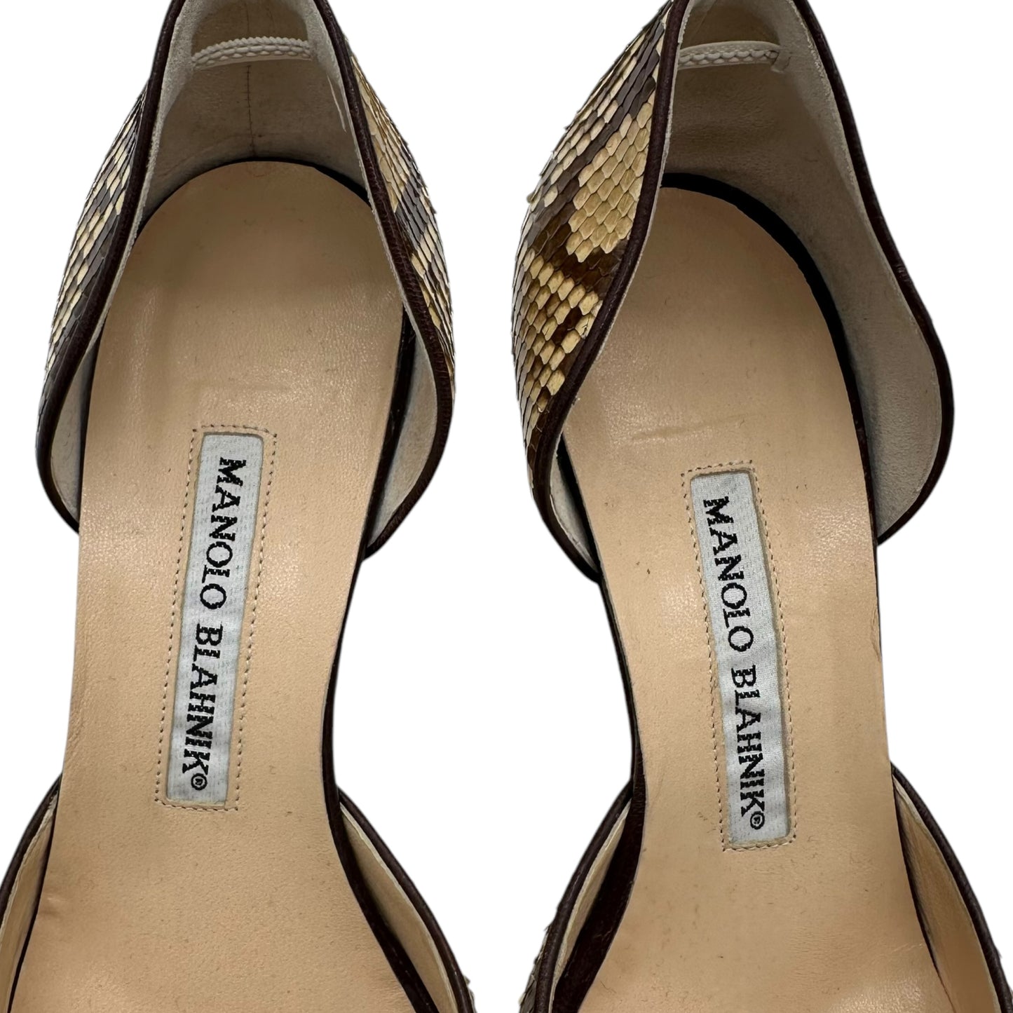 Manolo Blahnik Tan & Brown Python D'Orsay Heels