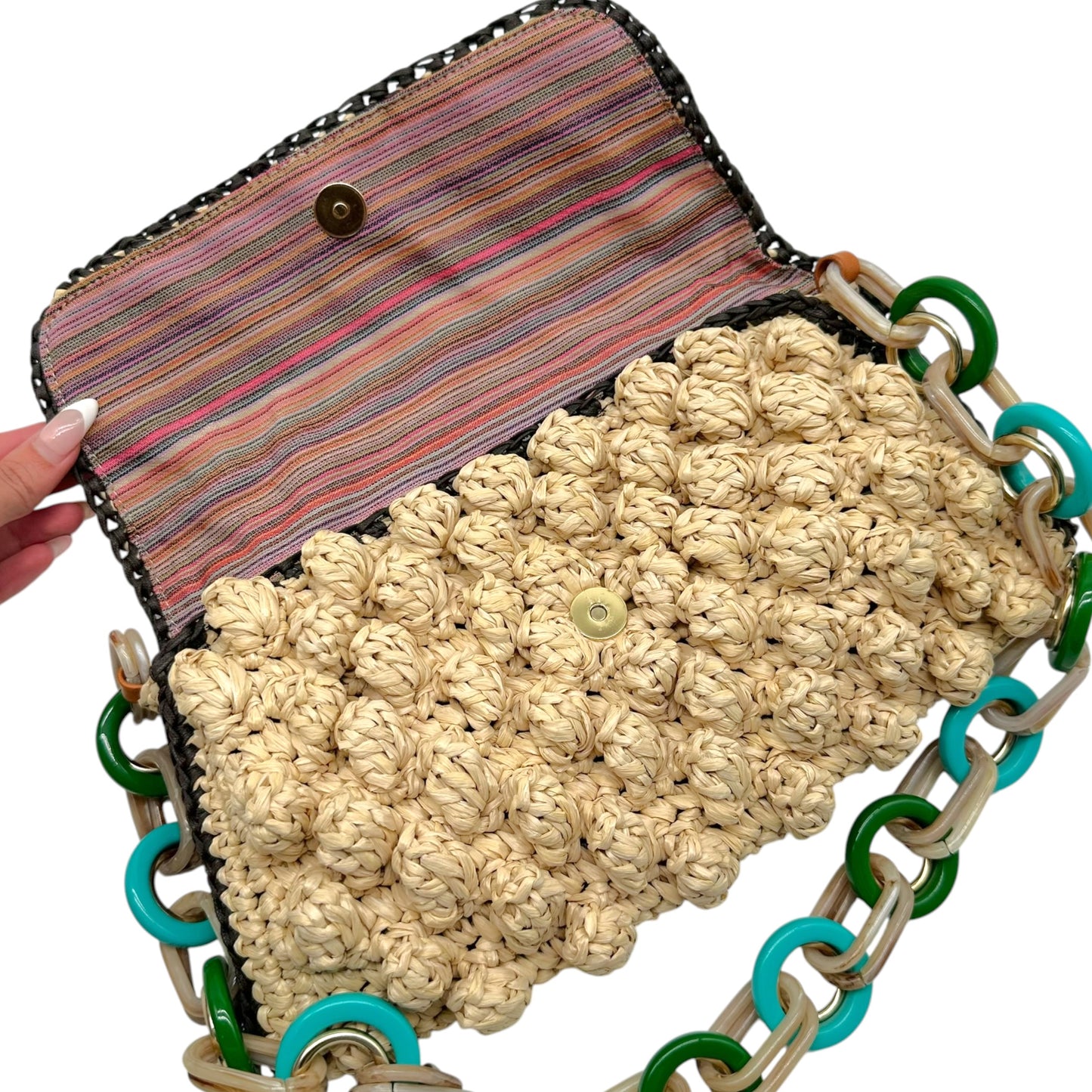 Missoni M Beige Raffia & Turquoise PVC Chain Shoulder Bag
