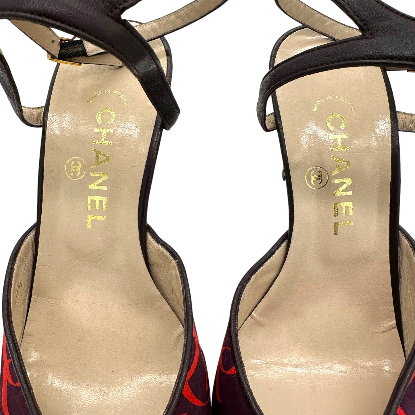 Chanel Purple & Pink Logo Pointed Toe Slingback Heels