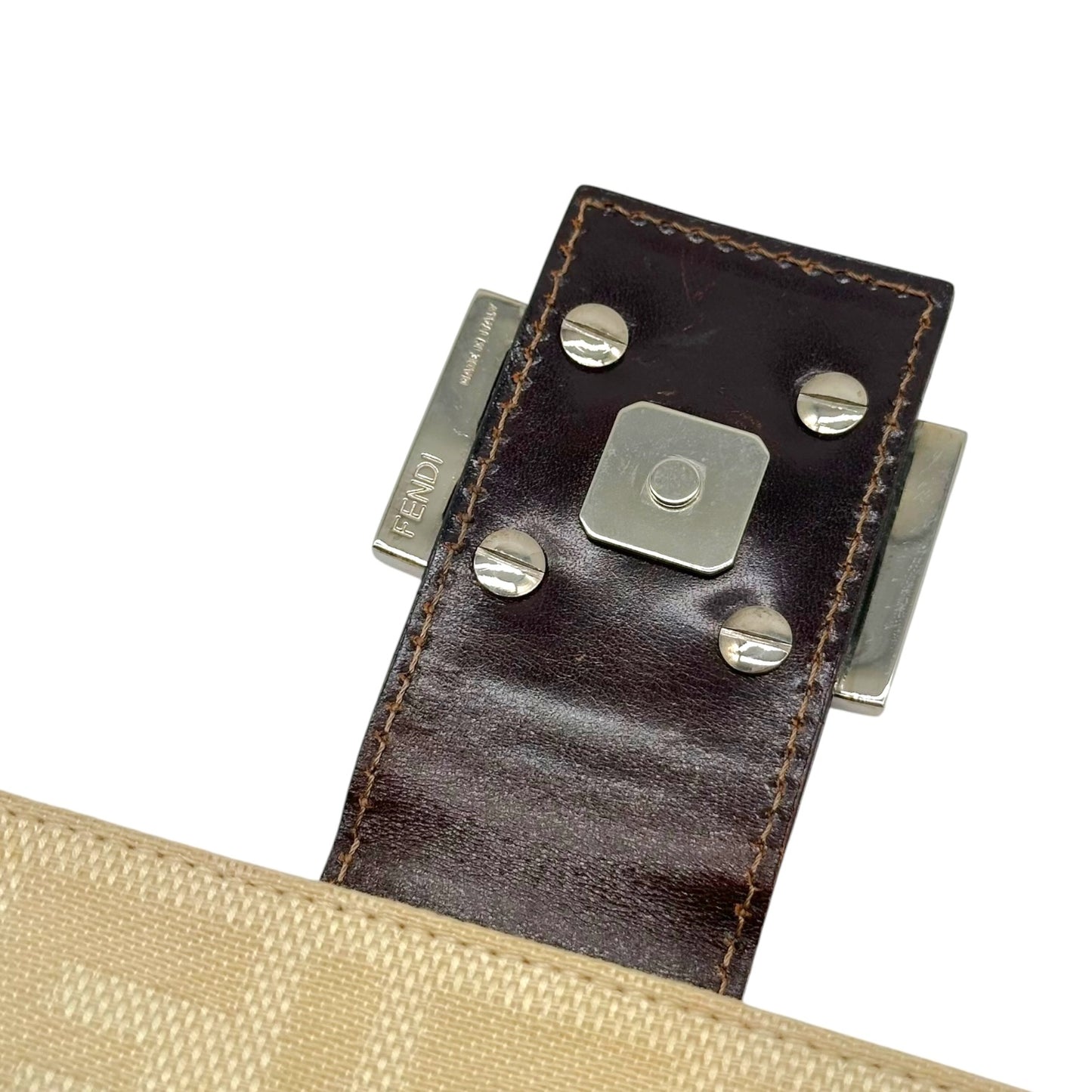 Fendi Ivory Zucca Monogram & Brown Leather Crossbody Baguette Bag