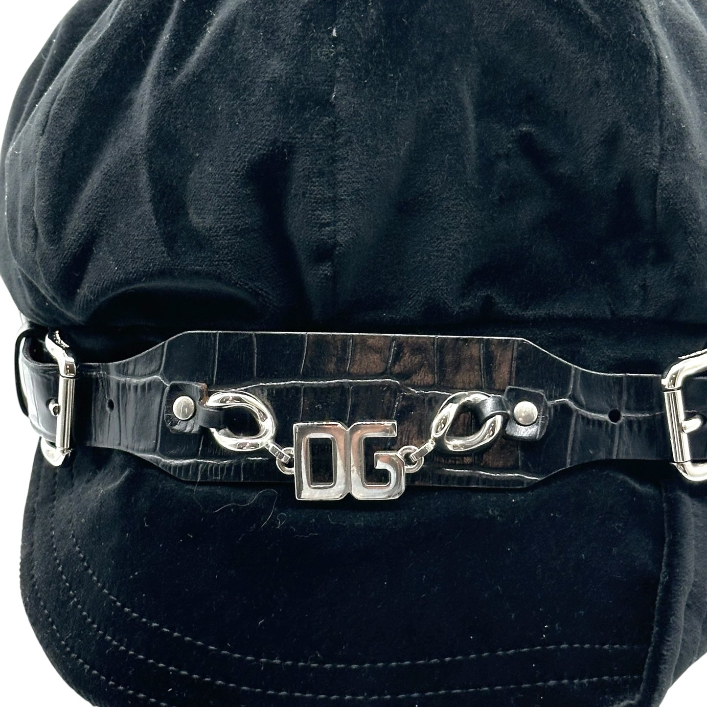 Dolce & Gabbana Black Velvet & Silver Logo Chain Hat