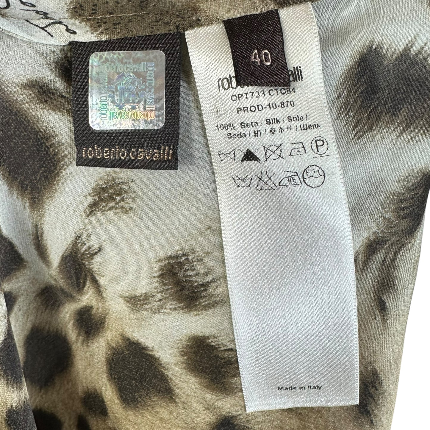 Roberto Cavalli Sheer Leopard Print Silk Ruffle Trim Blouse