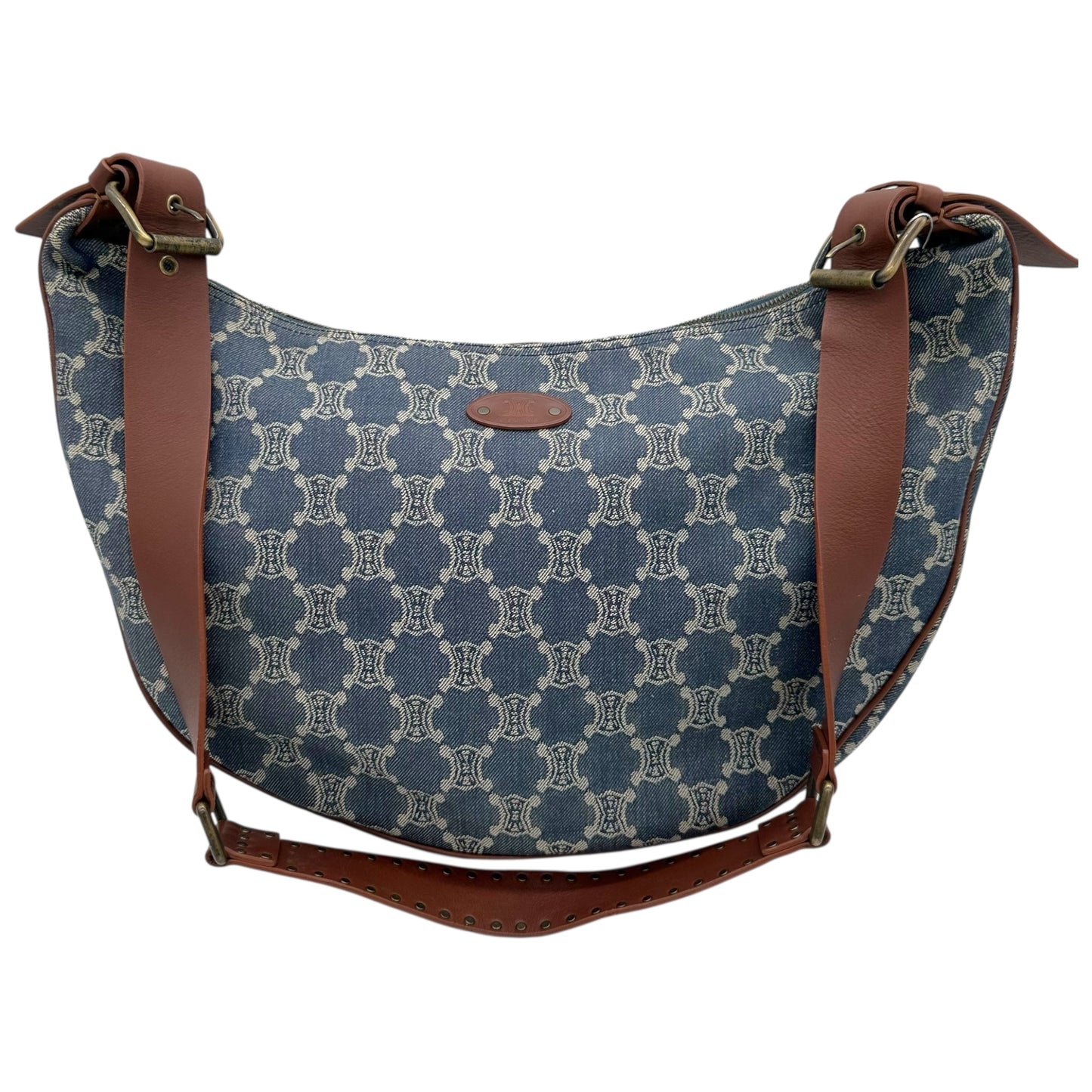 Celine Blue Denim Triomphe Monogram Crossbody Hobo Bag