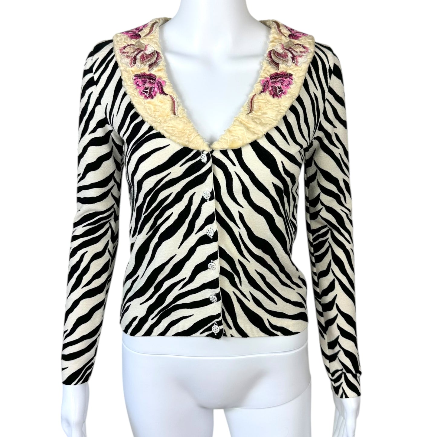 Anna Molinari Blumarine Zebra Print Floral Embroidered Collar Cardigan