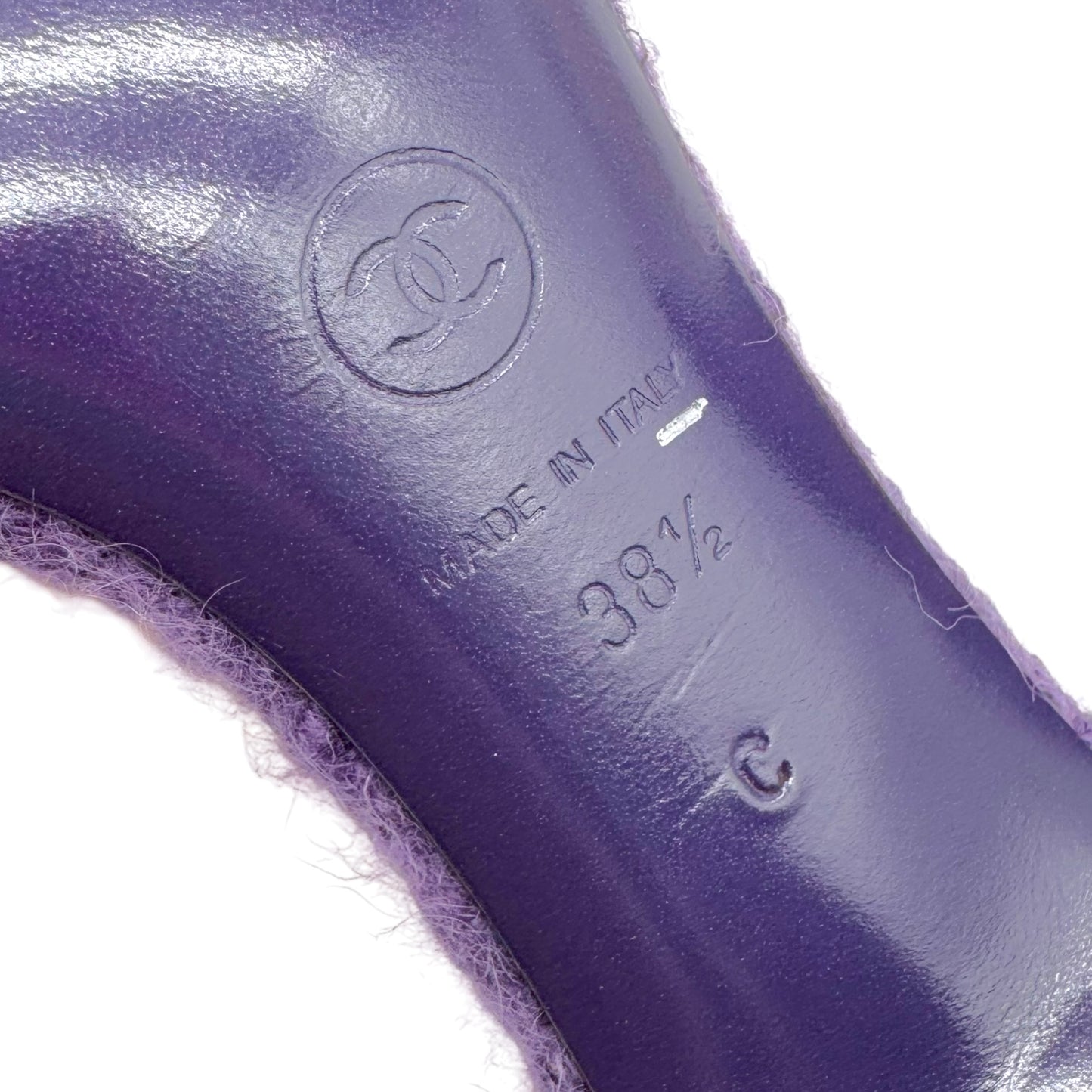 Chanel Purple Knit Mule Heels with Camellia Flower Detail