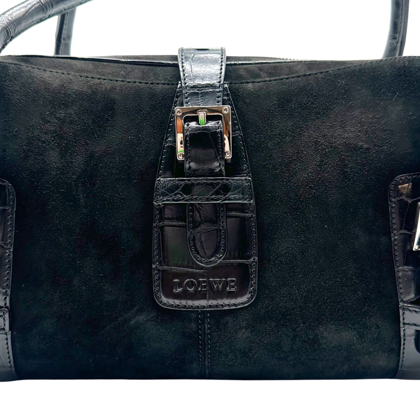 Loewe Black Suede Croc Embossed Shoulder Bag