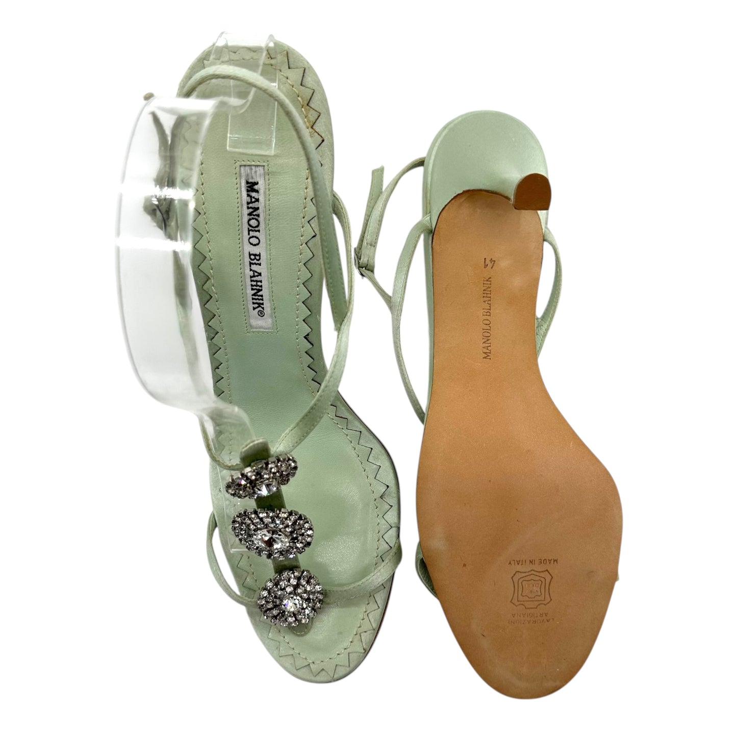 Manolo Blahnik Mint Green Silk Crystal Embellished Strappy Heels