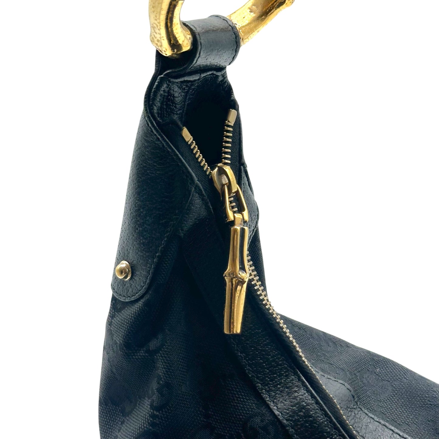 Gucci Black Monogram & Gold Bamboo Web Stripe Crescent Shoulder Bag