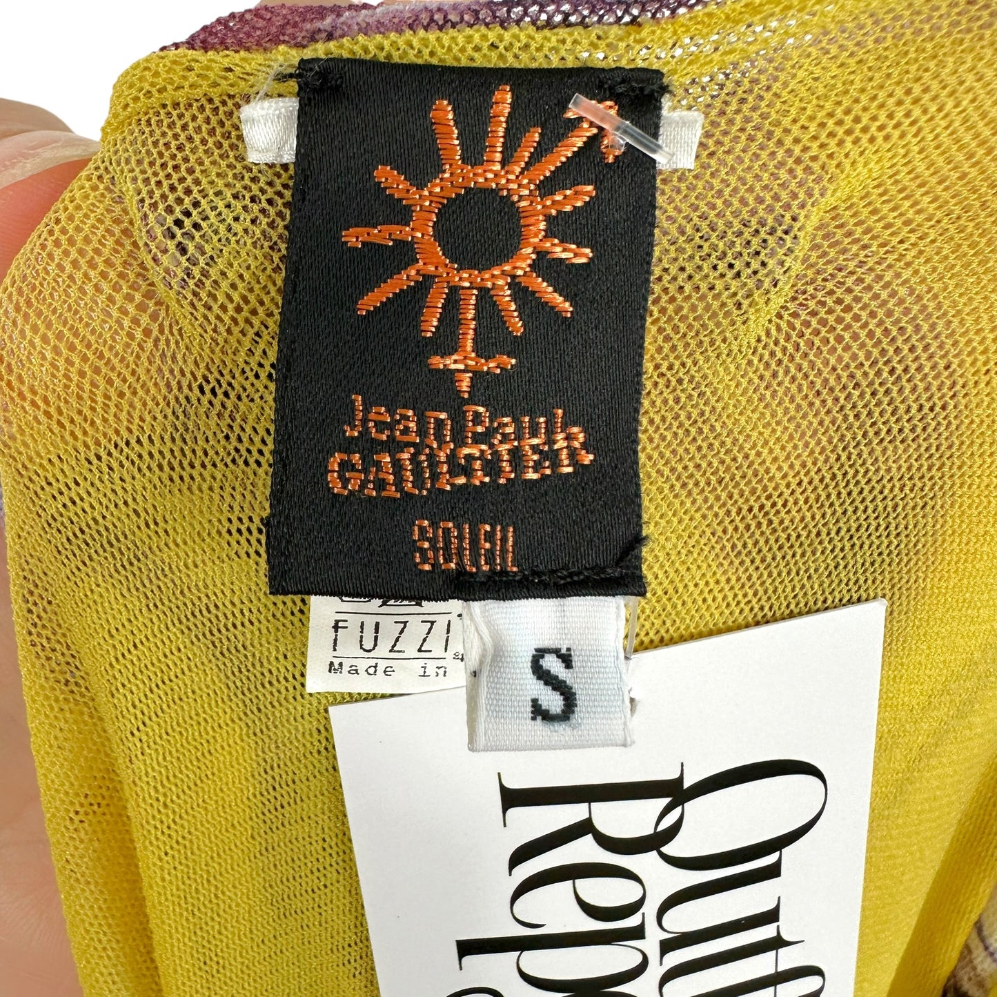 Jean Paul Gaultier Soleil Purple & Yellow Palm Printed Tiered Mesh Midi Dress