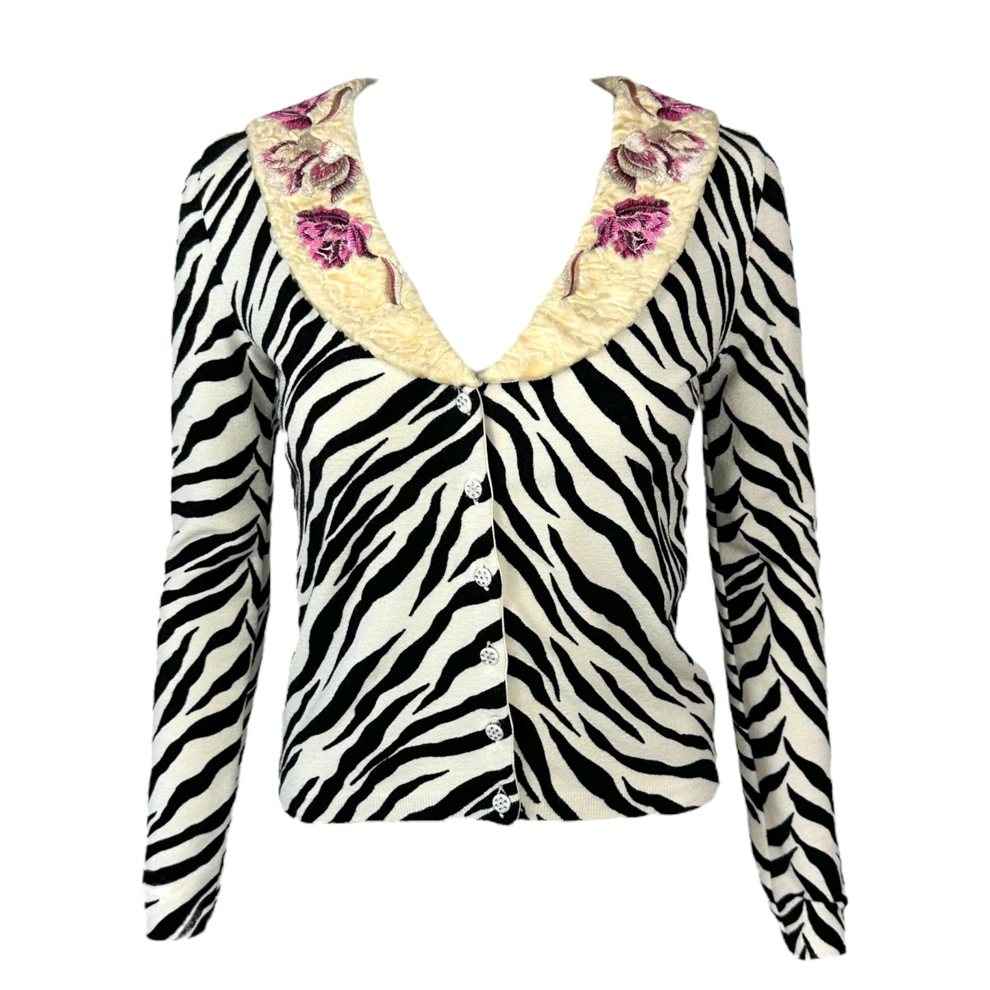 Anna Molinari Blumarine Zebra Print Floral Embroidered Collar Cardigan