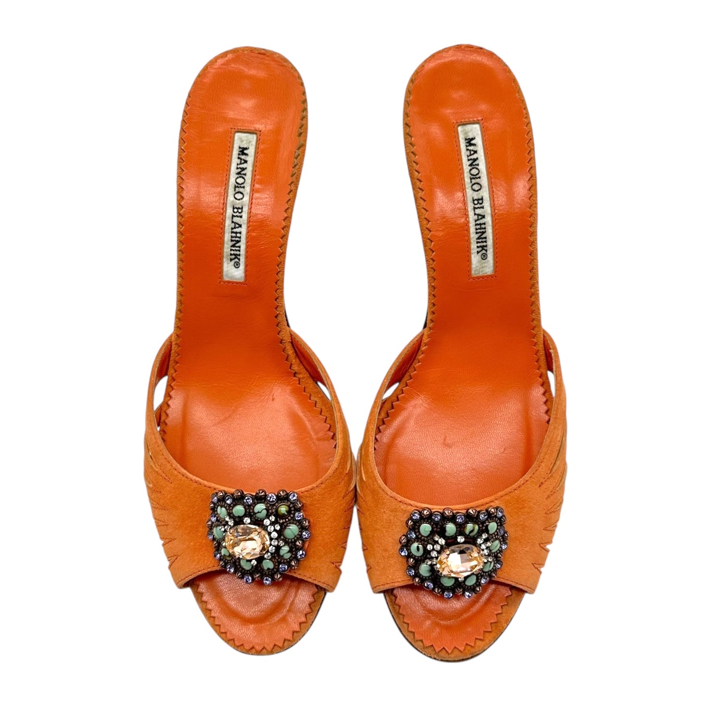Manolo Blahnik Orange Suede Embellished Kitten Heels