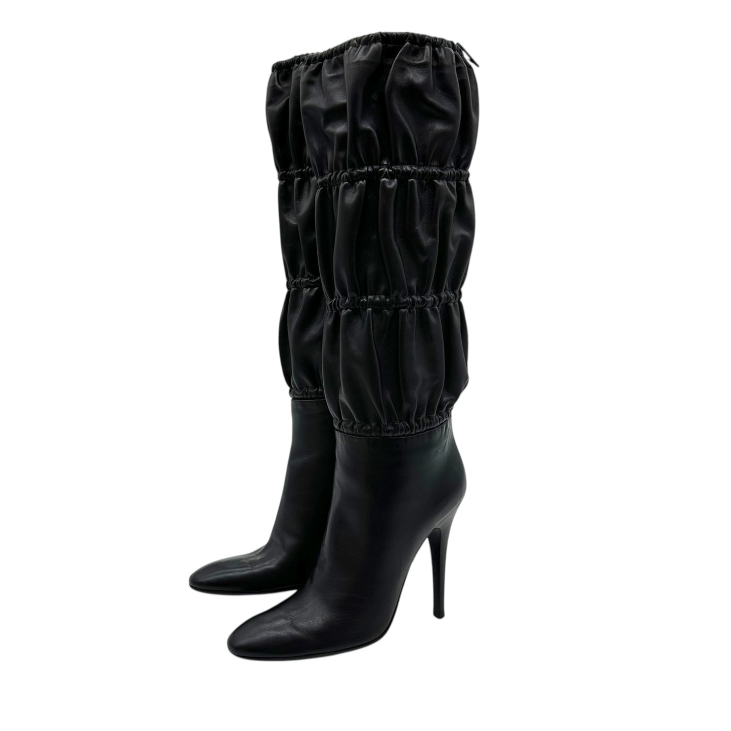 Roberto Cavalli Black Leather Gathered Leather Knee High Heeled Boots