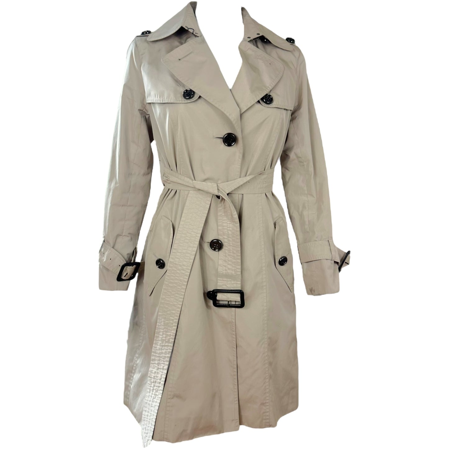 Burberry Tan Nylon Trench Coat with Belt and Pockets