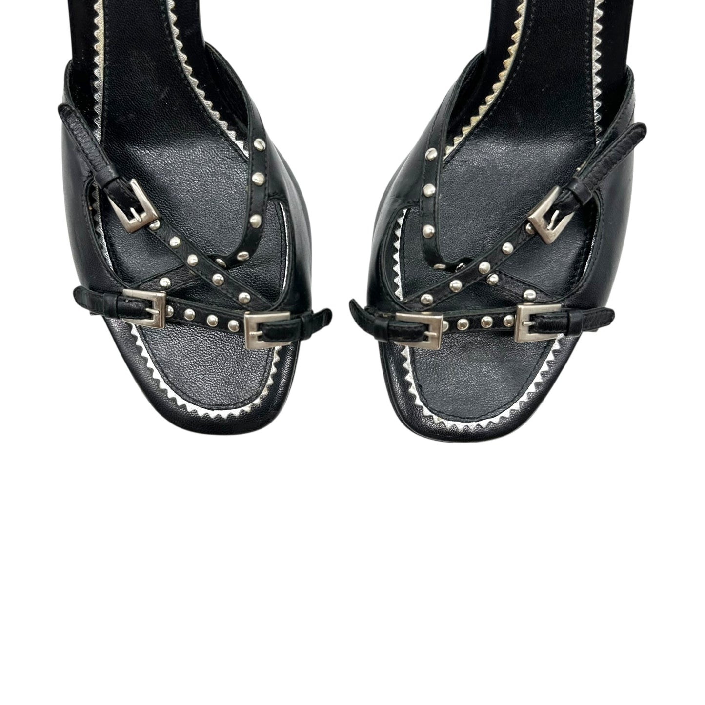 Prada Black Leather Rivet Embellished Kitten Heel Sandals